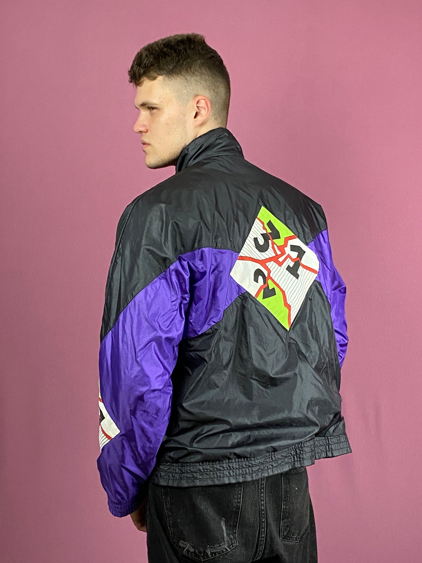 90s Adidas Vintage Men's Windbreaker Jacket - Large Black & Purple Nylon