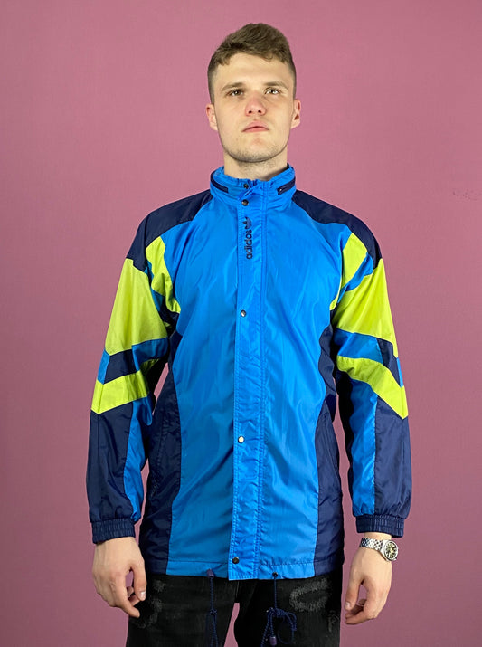 90s Adidas Vintage Men's Rain Jacket - Medium Blue & Multicolor Nylon