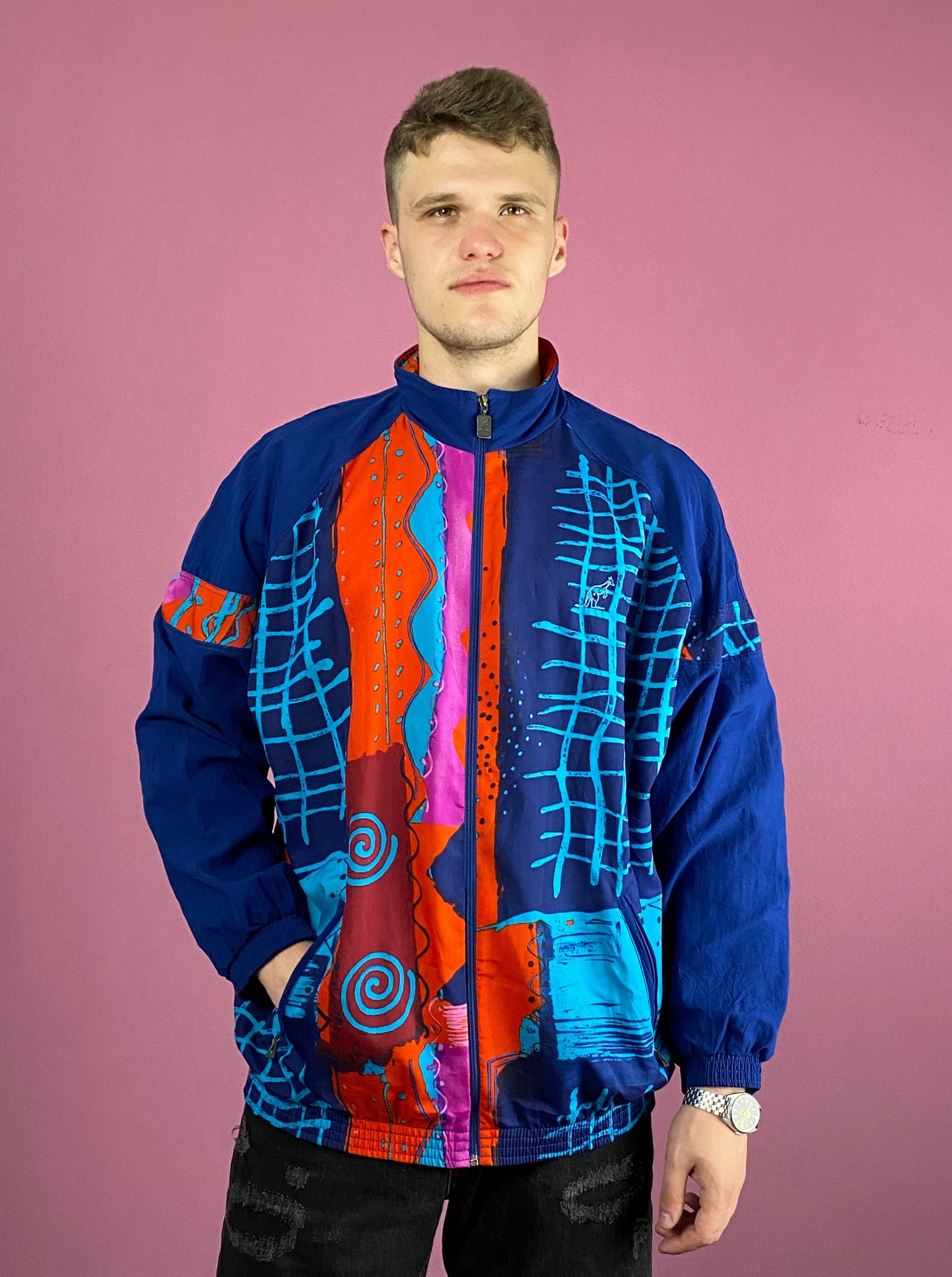 90s Vintage Men's Abstract Windbreaker Jacket - Large Multicolor Nylon