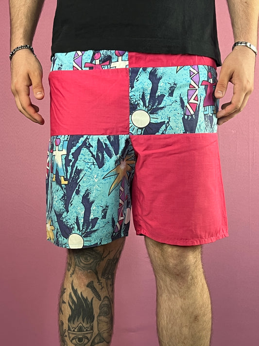 90s Vintage Men's Abstract Print Sport Shorts - S Pink & Blue Polyester Blend