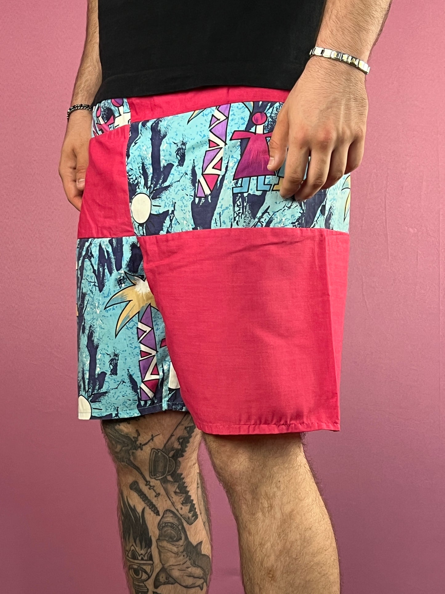 90s Vintage Men's Abstract Print Sport Shorts - S Pink & Blue Polyester Blend