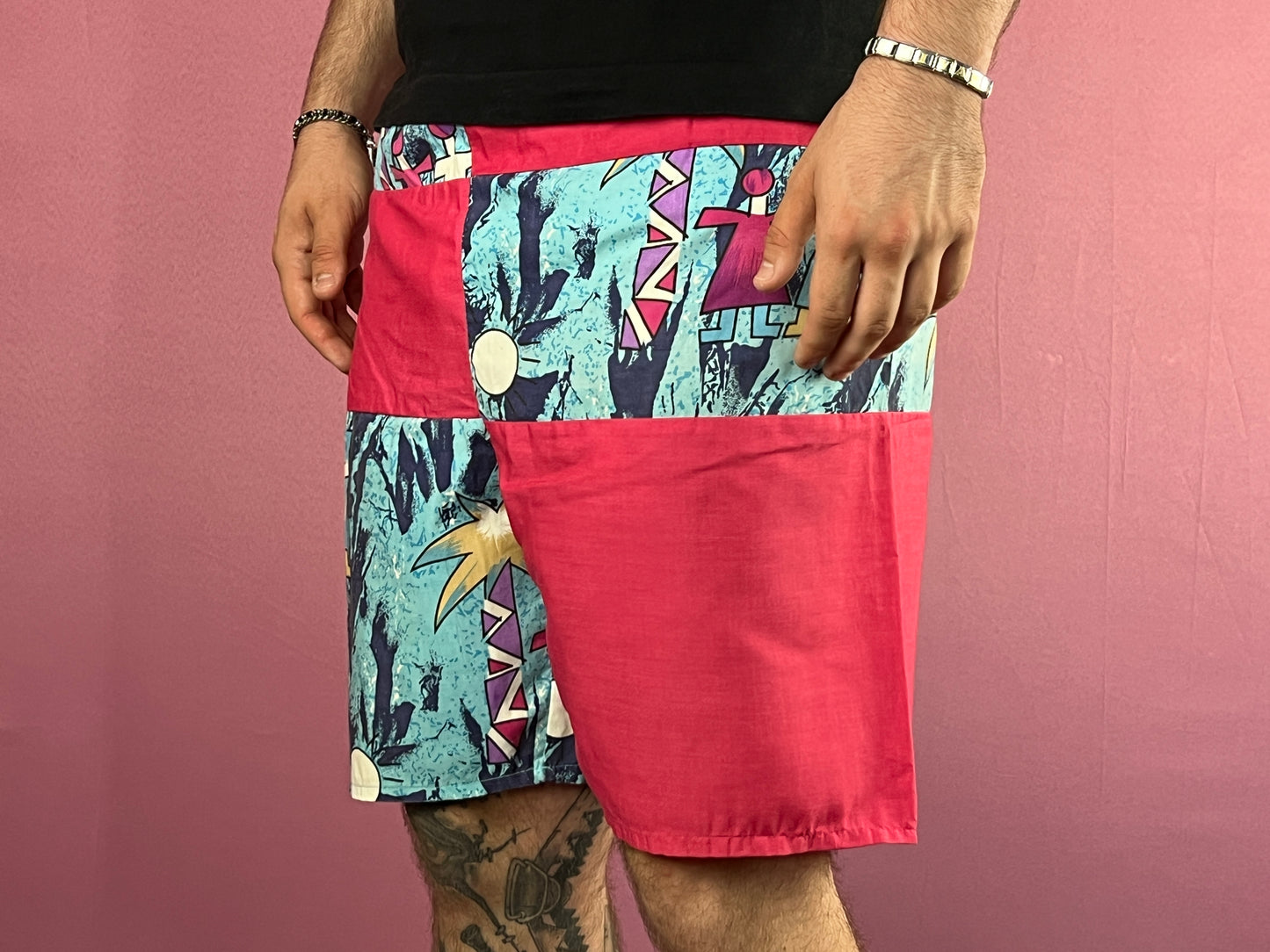 90s Vintage Men's Abstract Print Sport Shorts - S Pink & Blue Polyester Blend