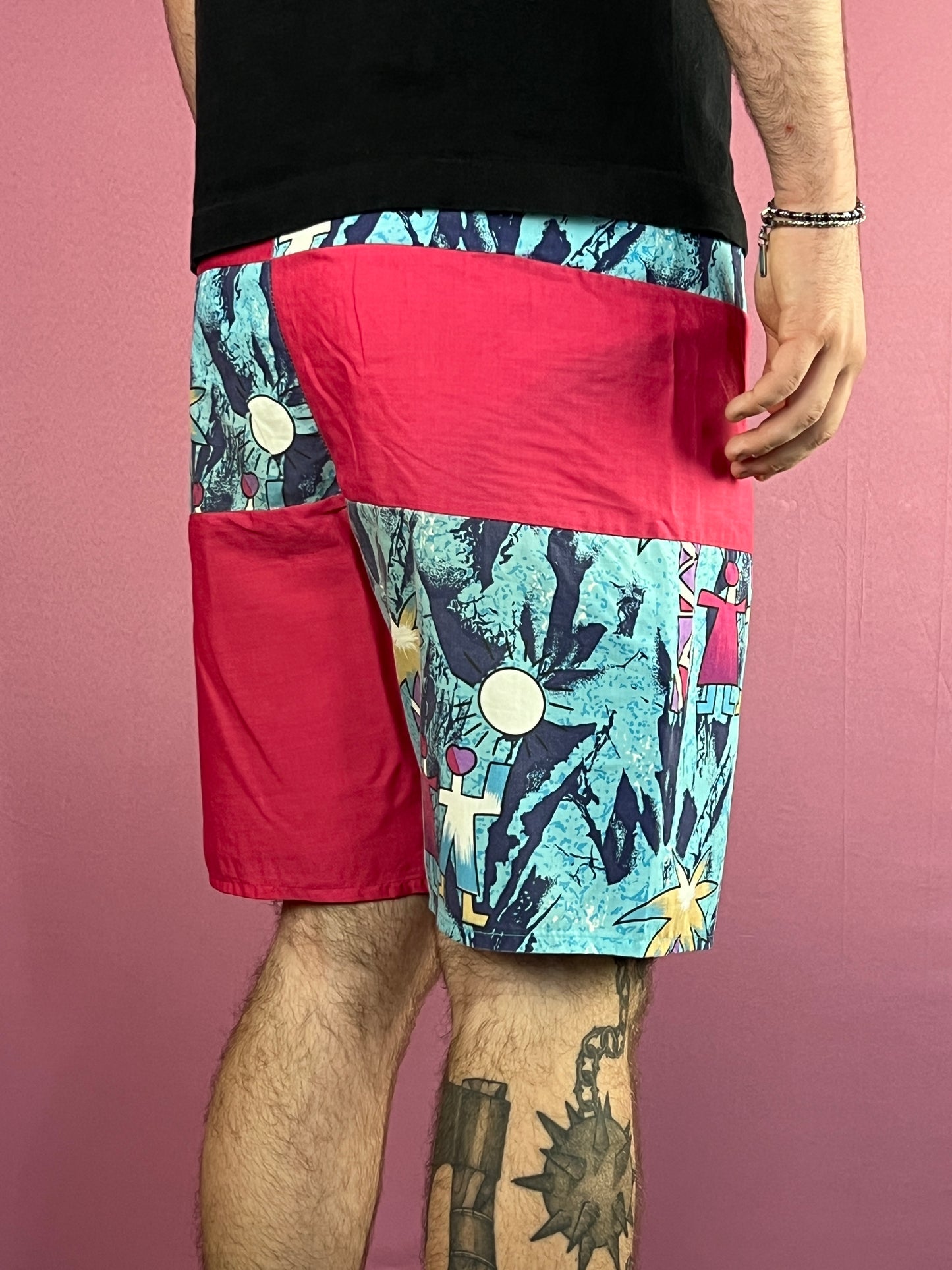 90s Vintage Men's Abstract Print Sport Shorts - S Pink & Blue Polyester Blend