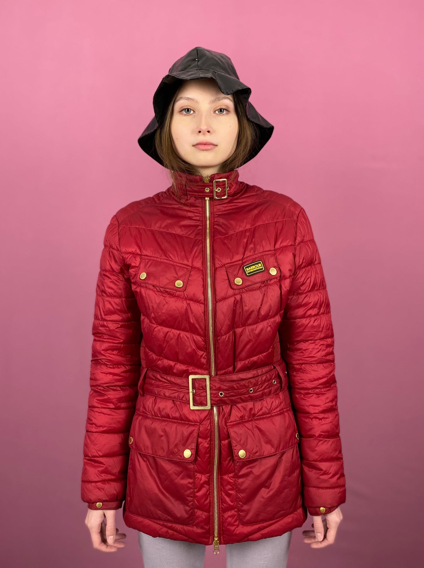 Barbour Vintage Women's Quilted Long Jacket - Large Red Nylon