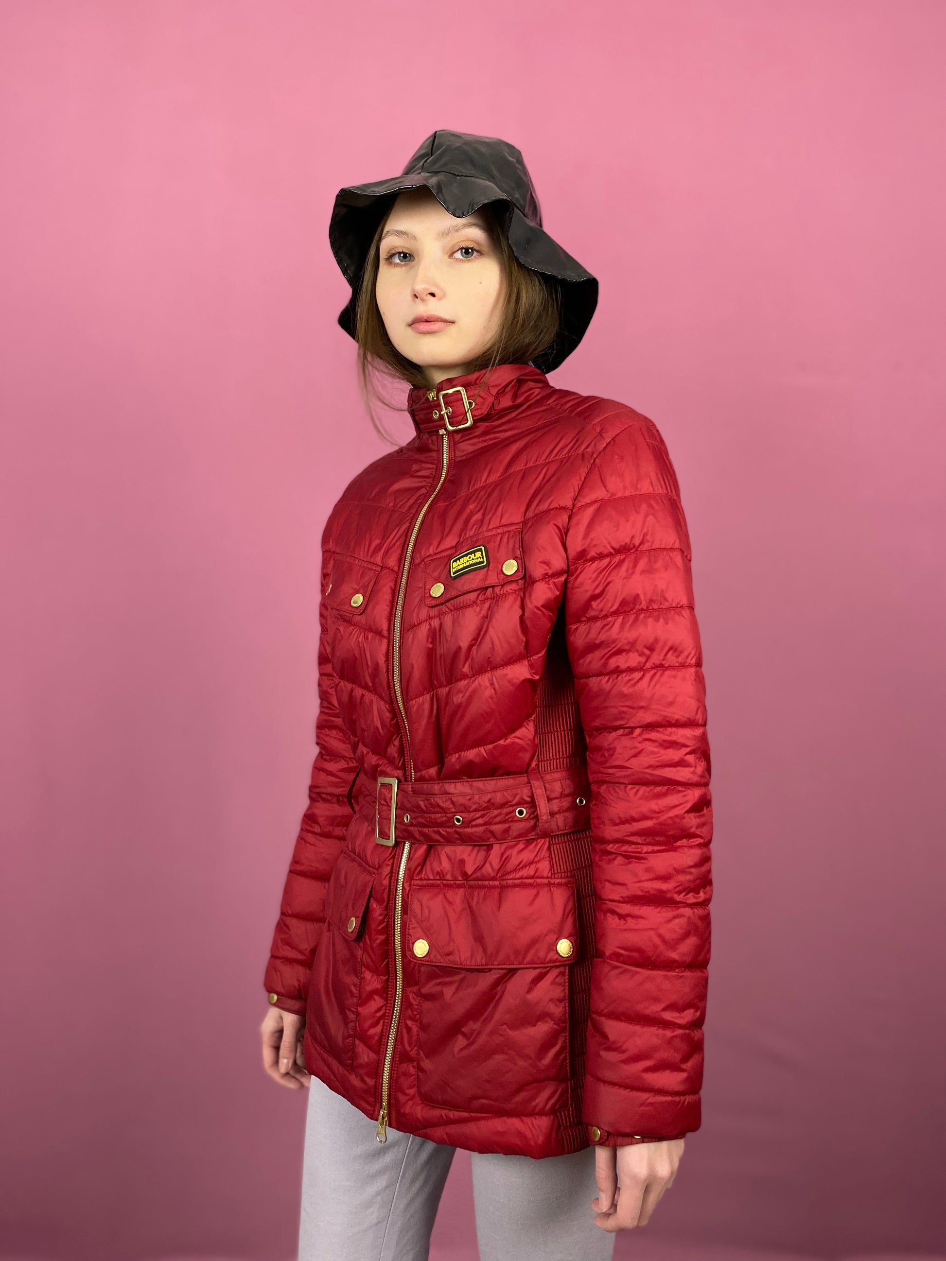 Barbour Vintage Women's Quilted Long Jacket - Large Red Nylon