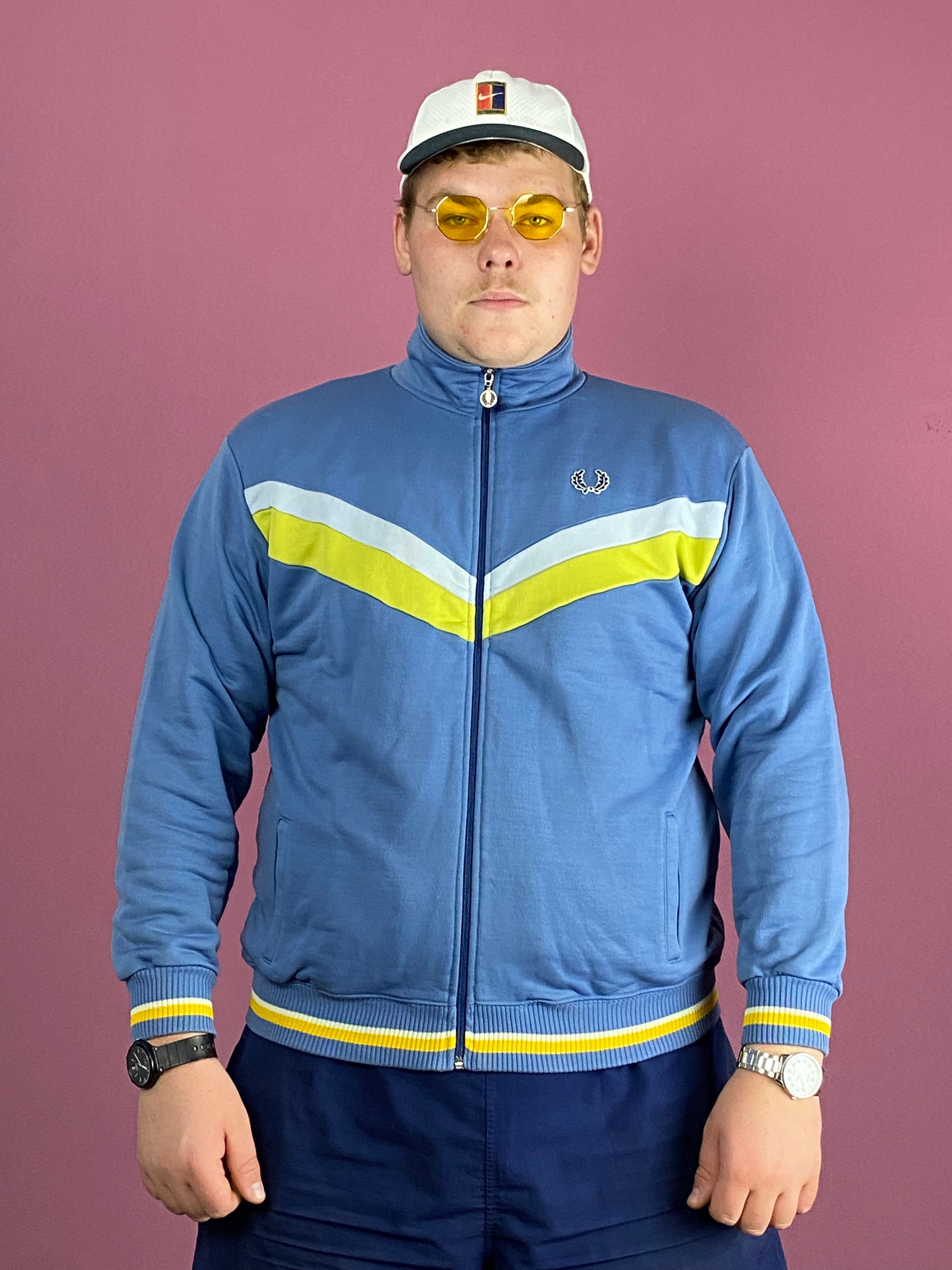 90s Fred Perry Vintage Men's Track Jacket - XL Blue Cotton Blend