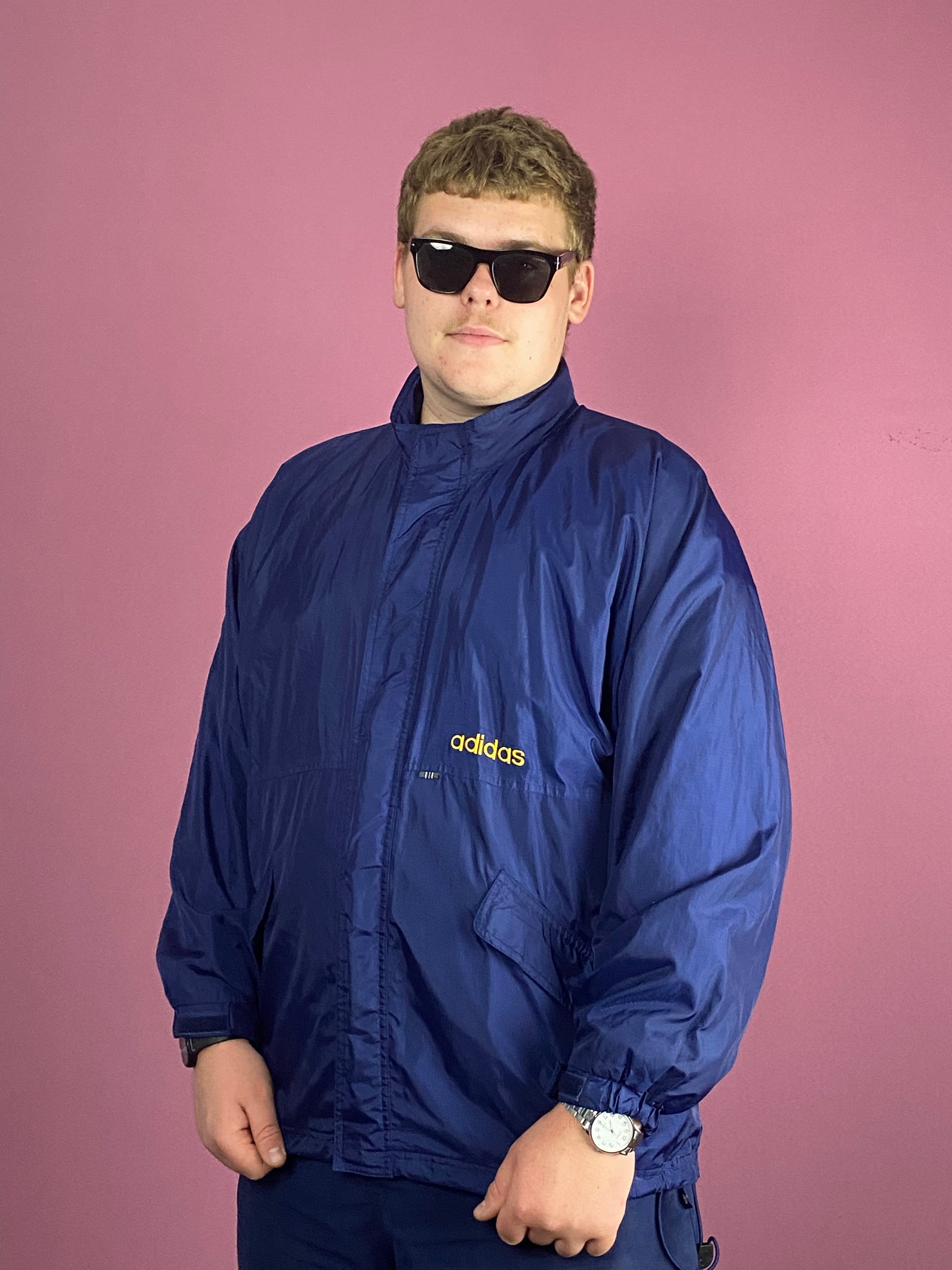 90s Adidas Vintage Men's Windbreaker Jacket - Large Navy Blue Nylon