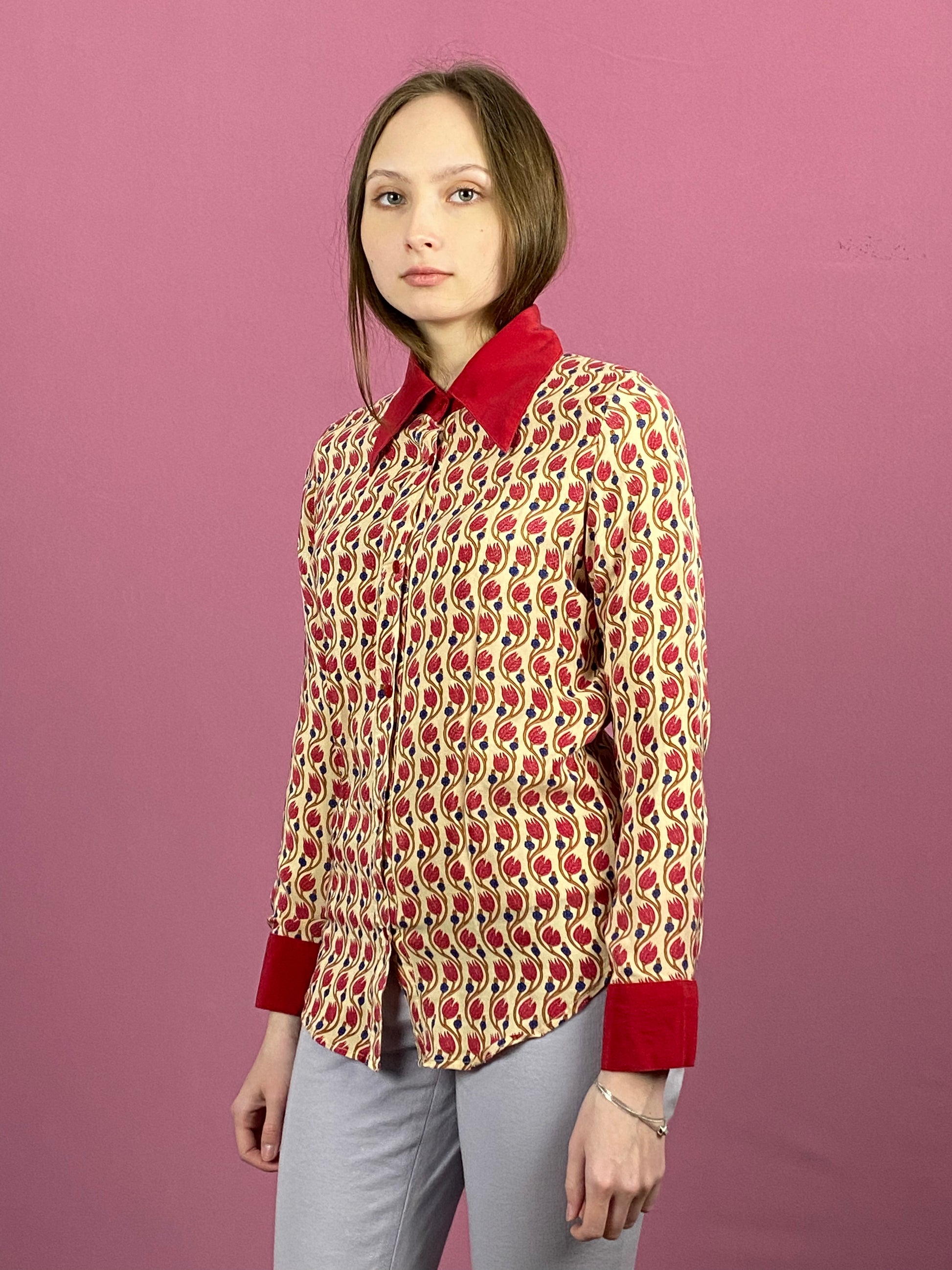 Pureheart Vintage Women's Shirt - Small Beige & Red Silk