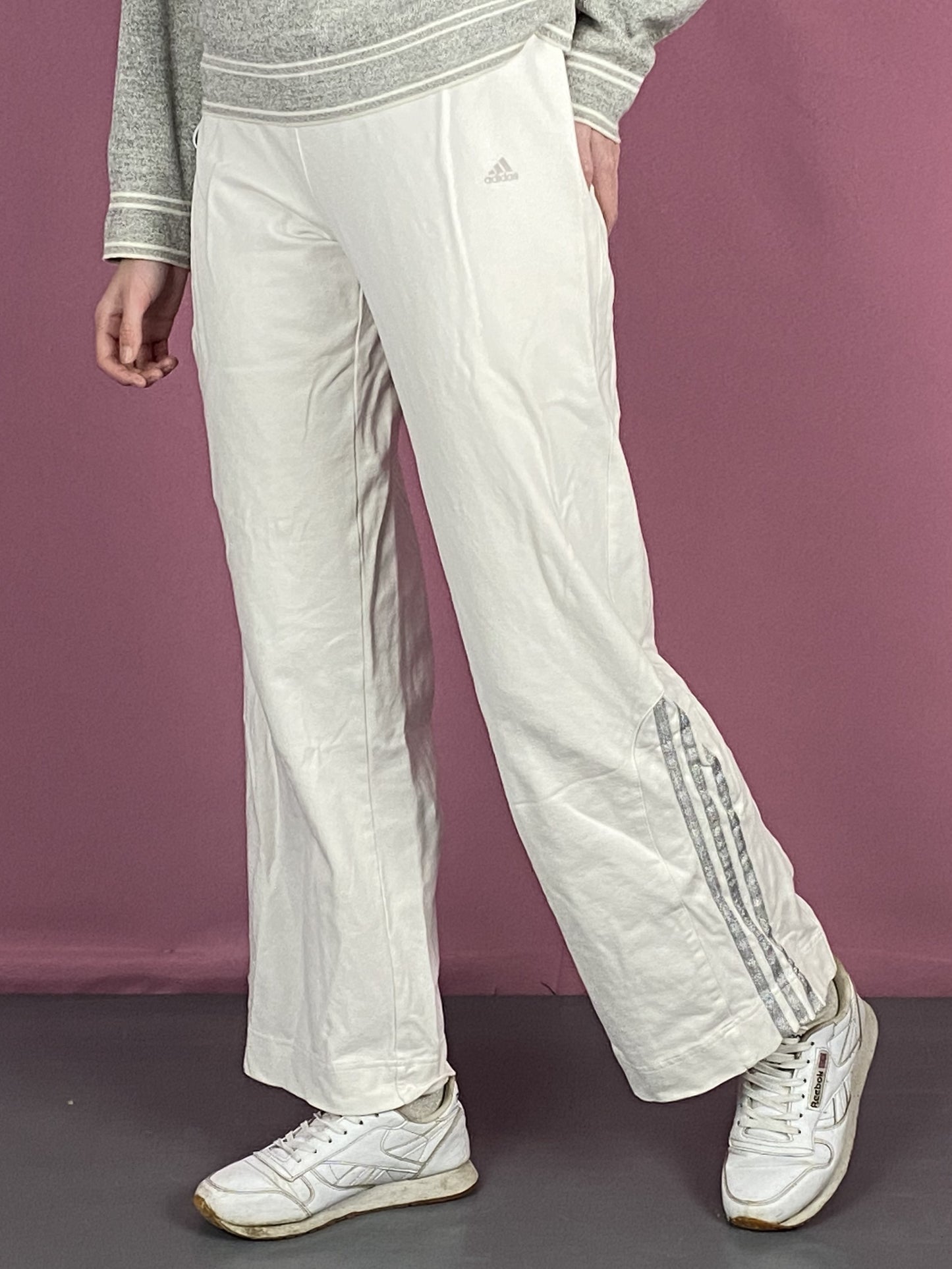 Adidas Y2K Vintage Women's Wide Track Pants - M White Cotton Blend