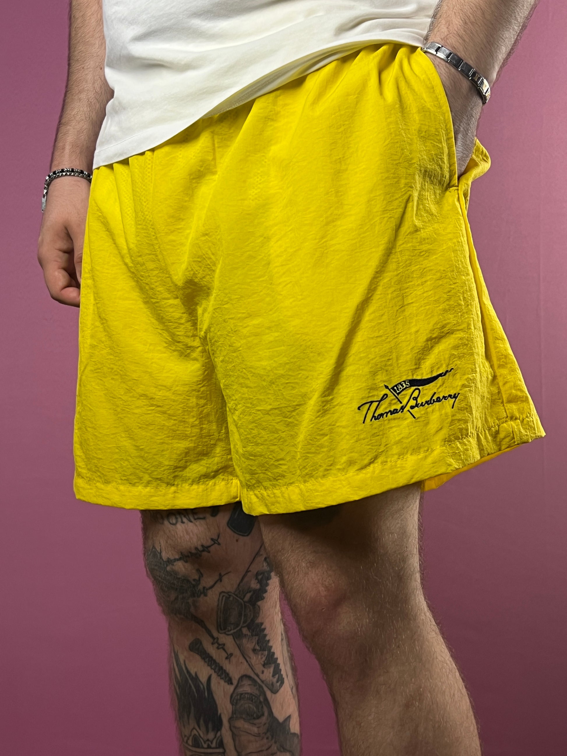 90s Thomas Burberry Vintage Men's Shorts - L Yellow Nylon