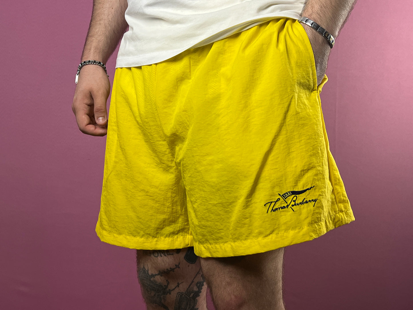 90s Thomas Burberry Vintage Men's Shorts - L Yellow Nylon