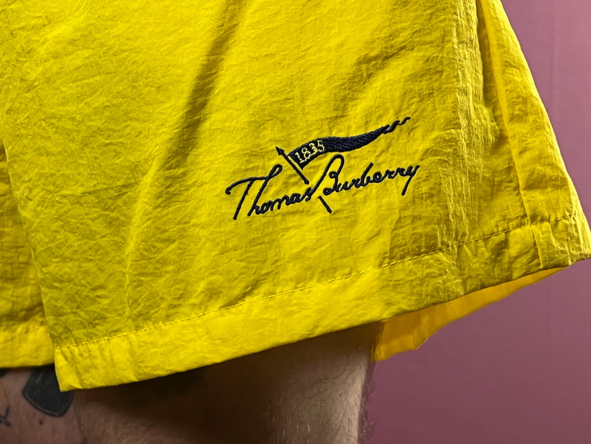 90s Thomas Burberry Vintage Men's Shorts - L Yellow Nylon