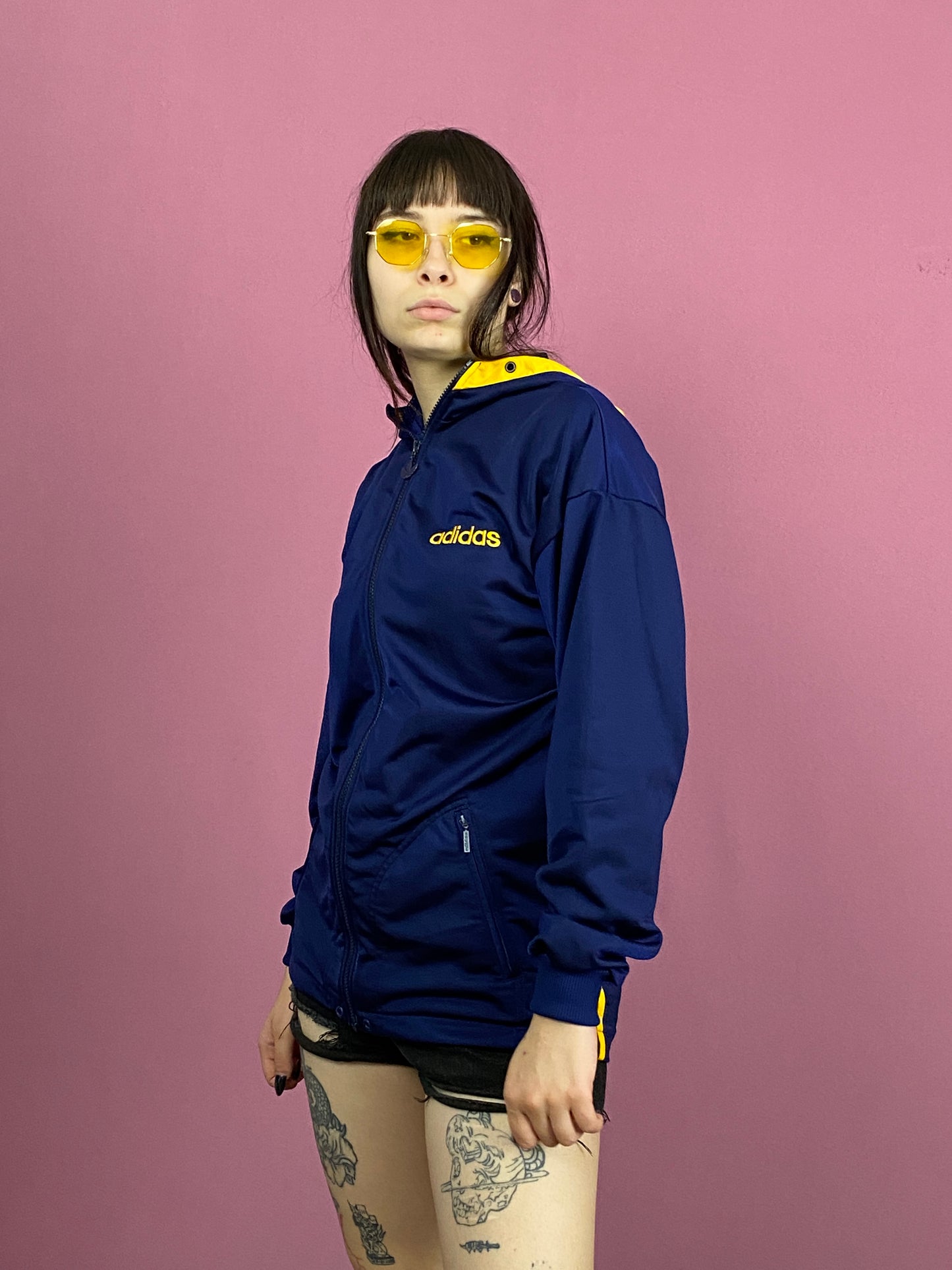 90s Adidas Vintage Women's Hooded Track Jacket - Small Navy Blue Polyester