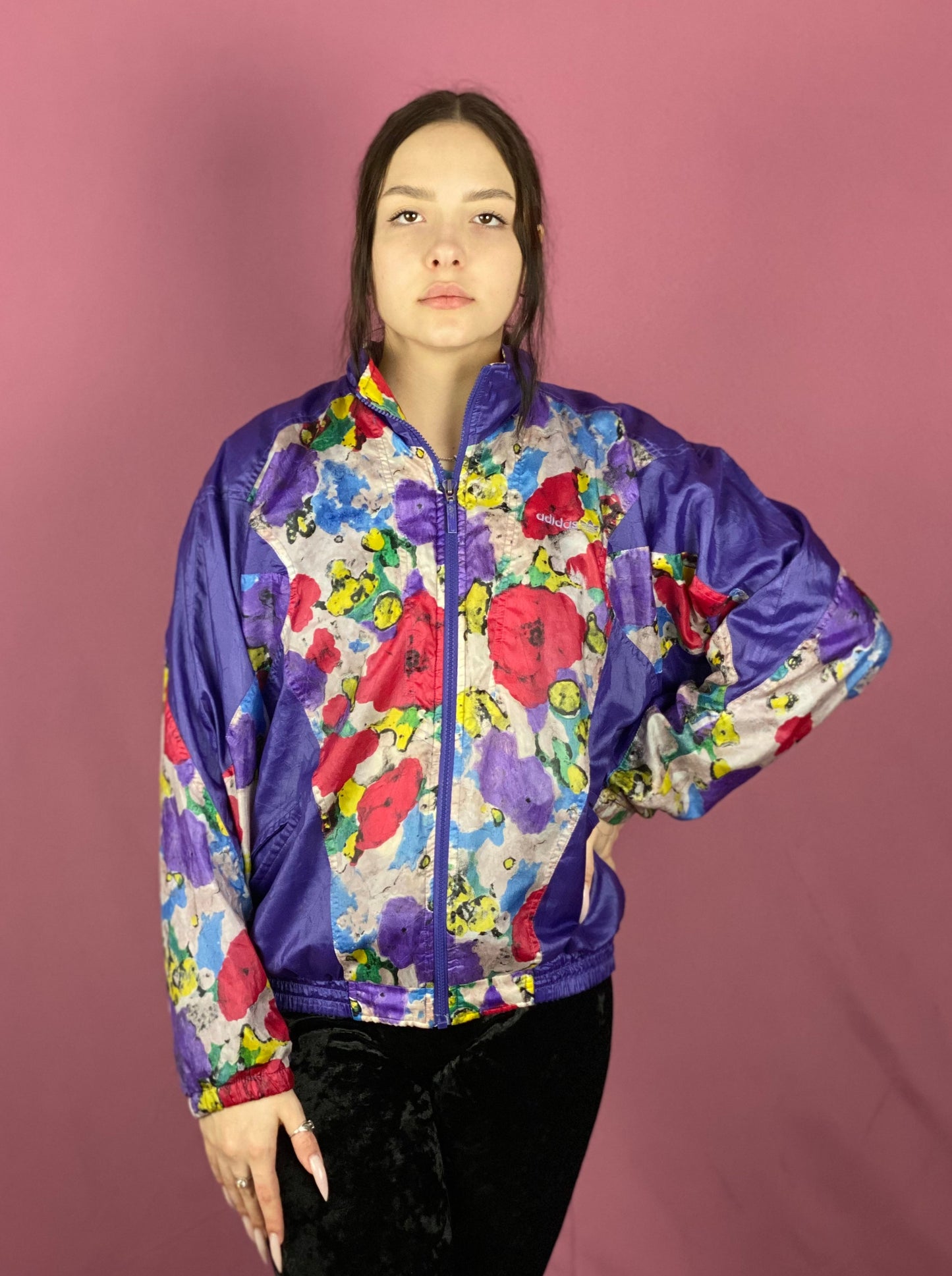 90s Adidas Vintage Women's Floral Windbreaker Jacket - Large Purple Nylon