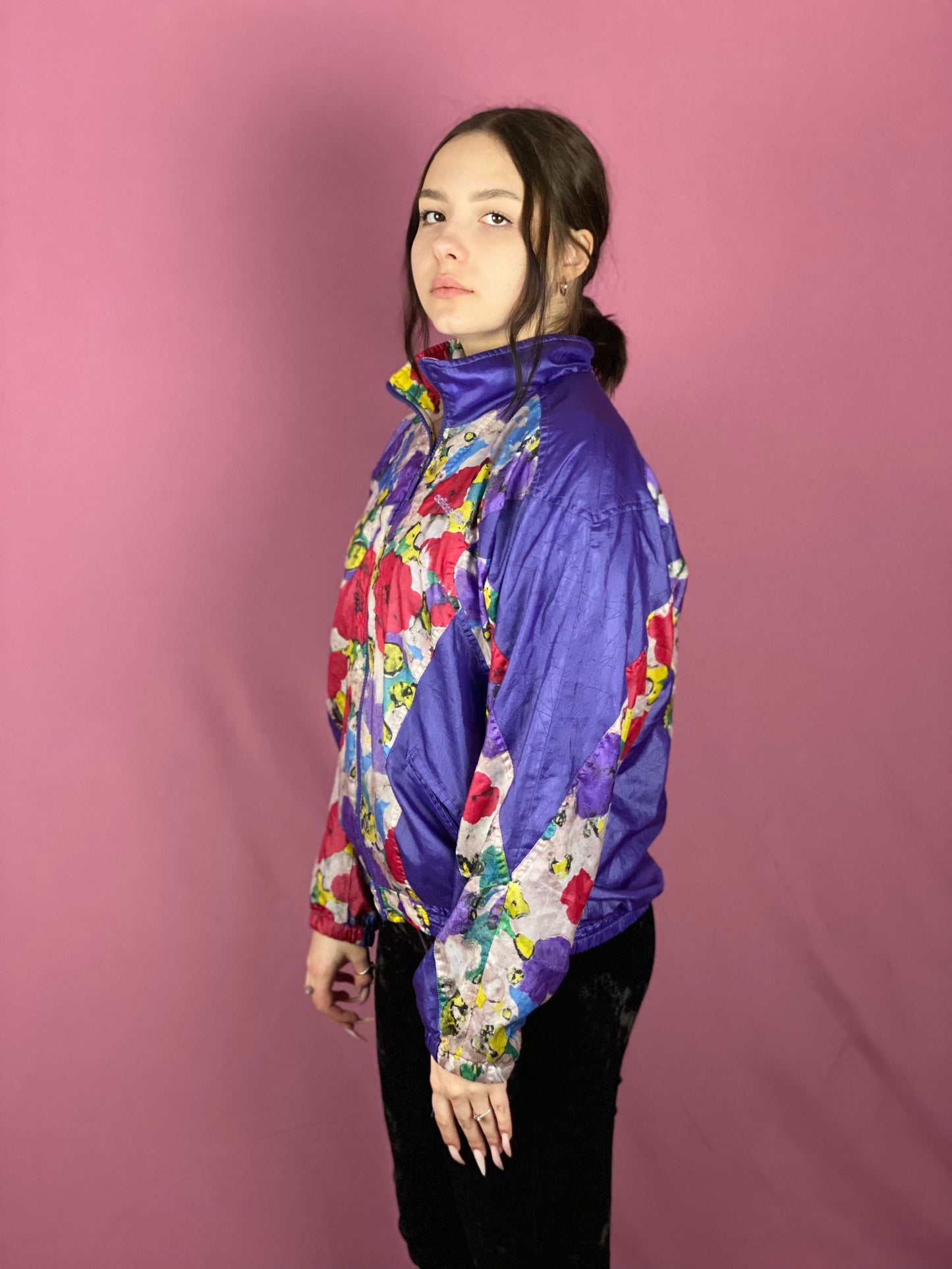 90s Adidas Vintage Women's Floral Windbreaker Jacket - Large Purple Nylon