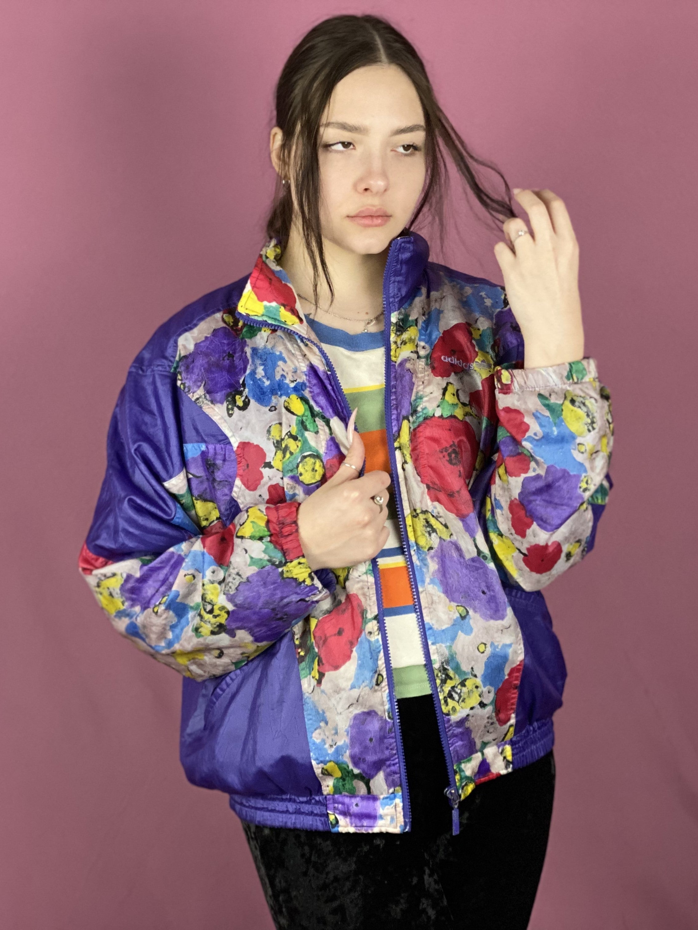 90s Adidas Vintage Women s Floral Windbreaker Jacket L Purple Nylon GodzillaVintageStore