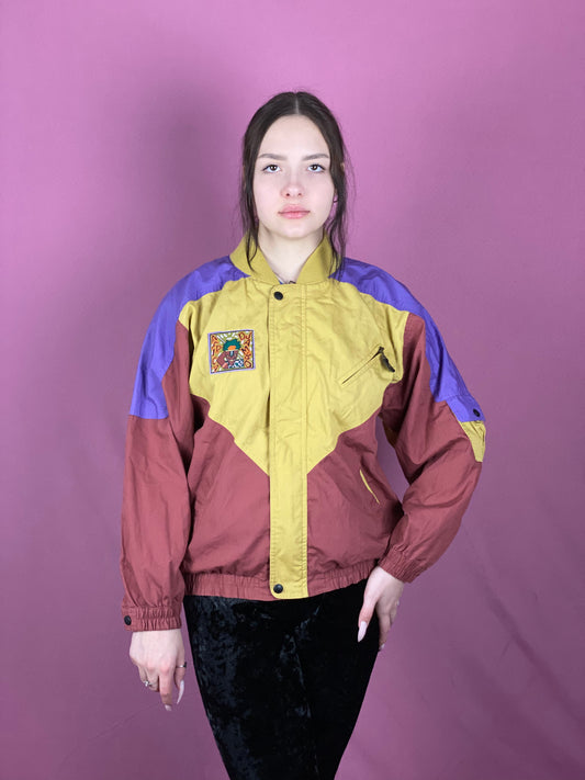 90s Vintage Women's Bomber Jacket - Small Multicolor Cotton Blend