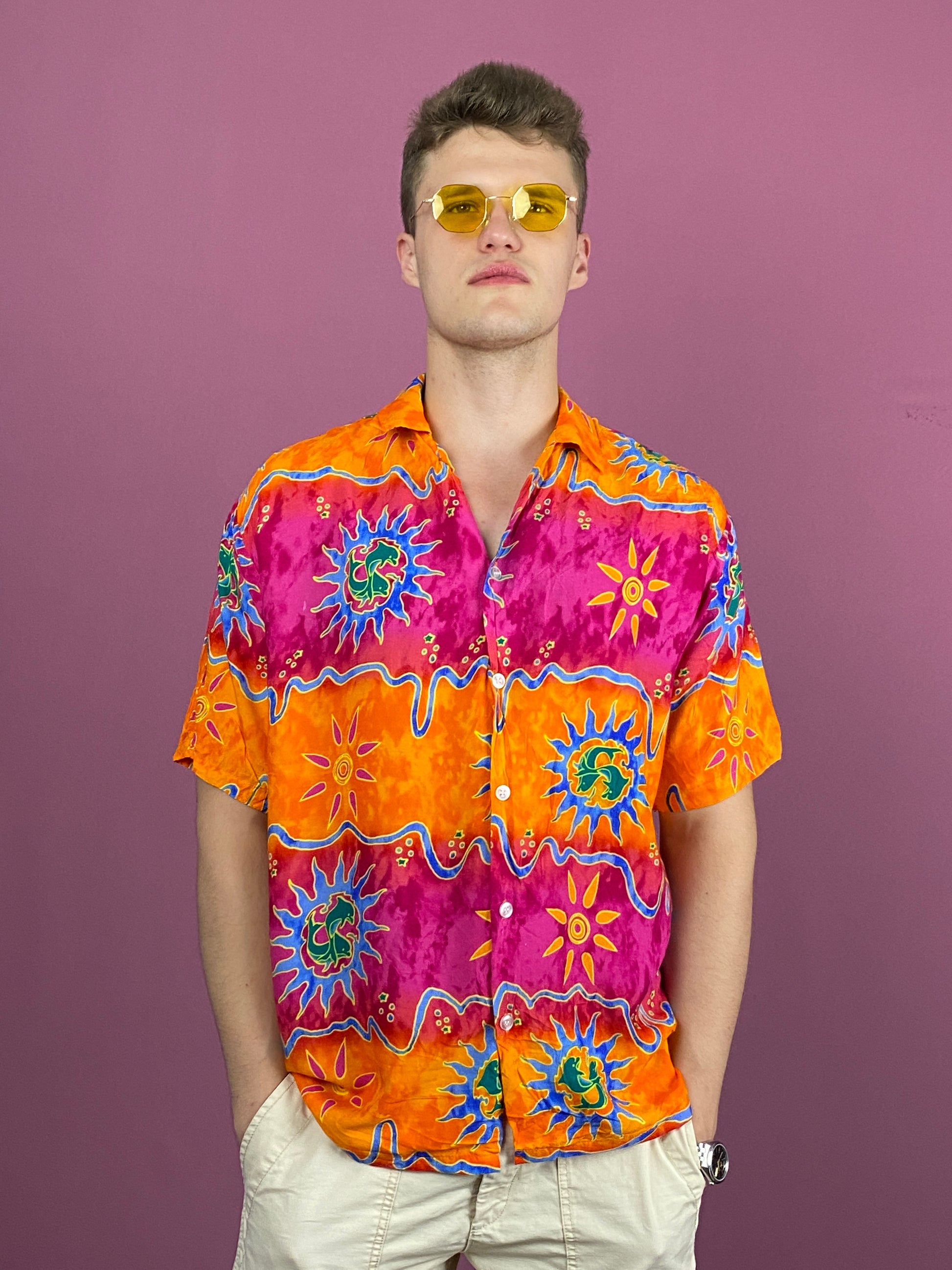 Vintage Men's Hawaiian Shirt - Medium Orange & Multicolor Rayon