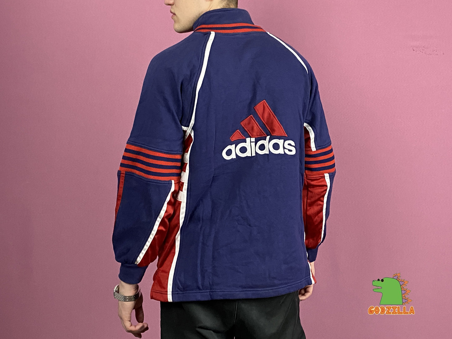 90s Adidas Vintage Men's Track Jacket - Medium Navy Blue Cotton Blend