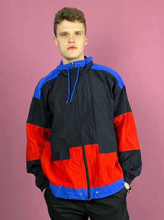 90s Vintage Men's Windbreaker Jacket - XL Black & Red Nylon