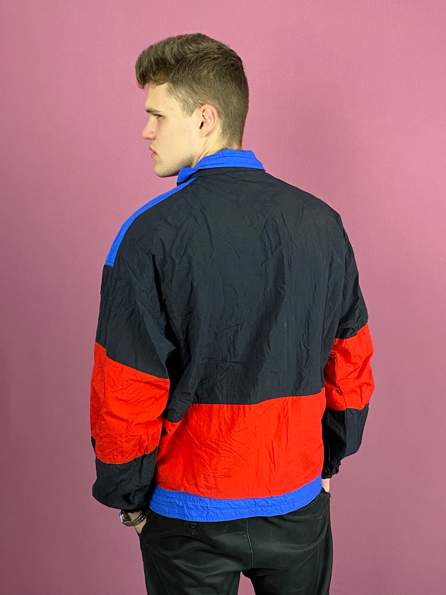 90s Vintage Men's Windbreaker Jacket - XL Black & Red Nylon