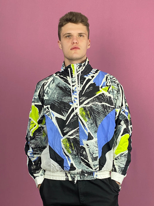 Gilles Cassadou Vintage Men's Abstract Windbreaker - Large White Polyester