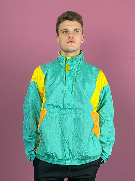 90s Vintage Men's Windbreaker Jacket - Medium Green & Multicolor Nylon