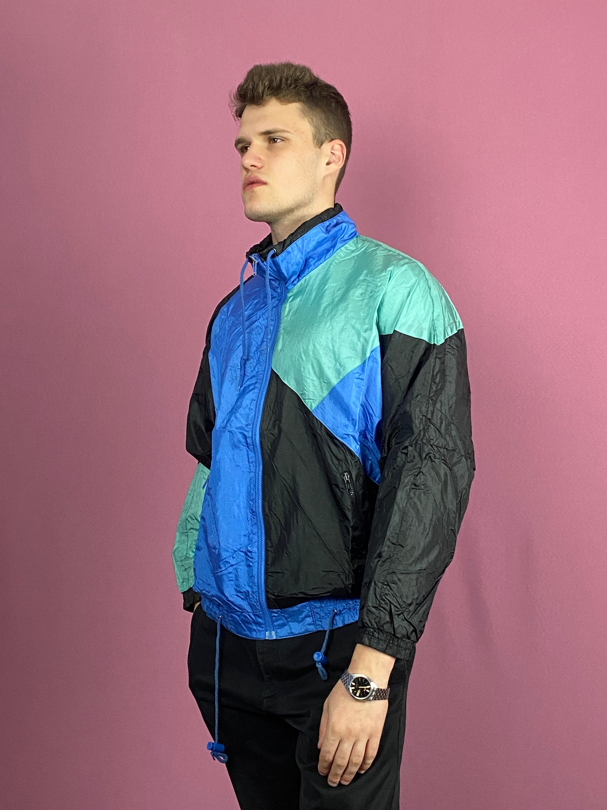 90s New Target Vintage Men's Windbreaker Jacket - Medium Black & Blue Nylon