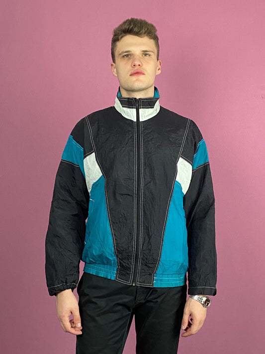 90s Vintage Men's Windbreaker Jacket - Large Black & Blue Nylon