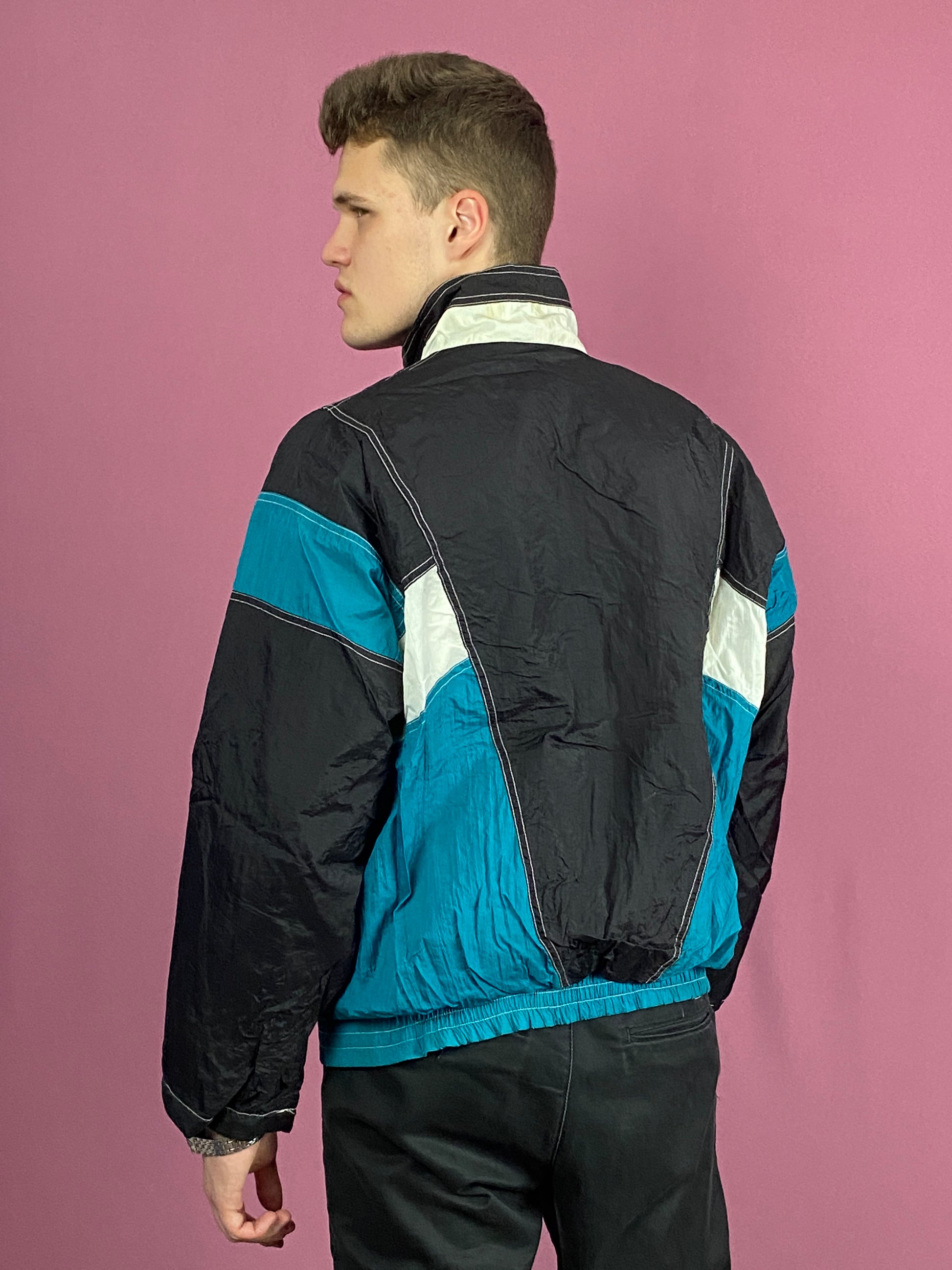 90s Vintage Men's Windbreaker Jacket - Large Black & Blue Nylon