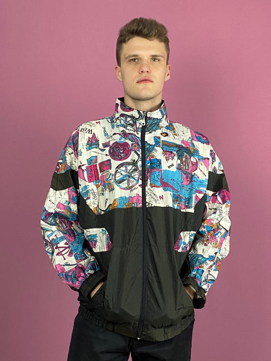 90s Vintage Men's Abstract Windbreaker Jacket - Large Black & White Nylon