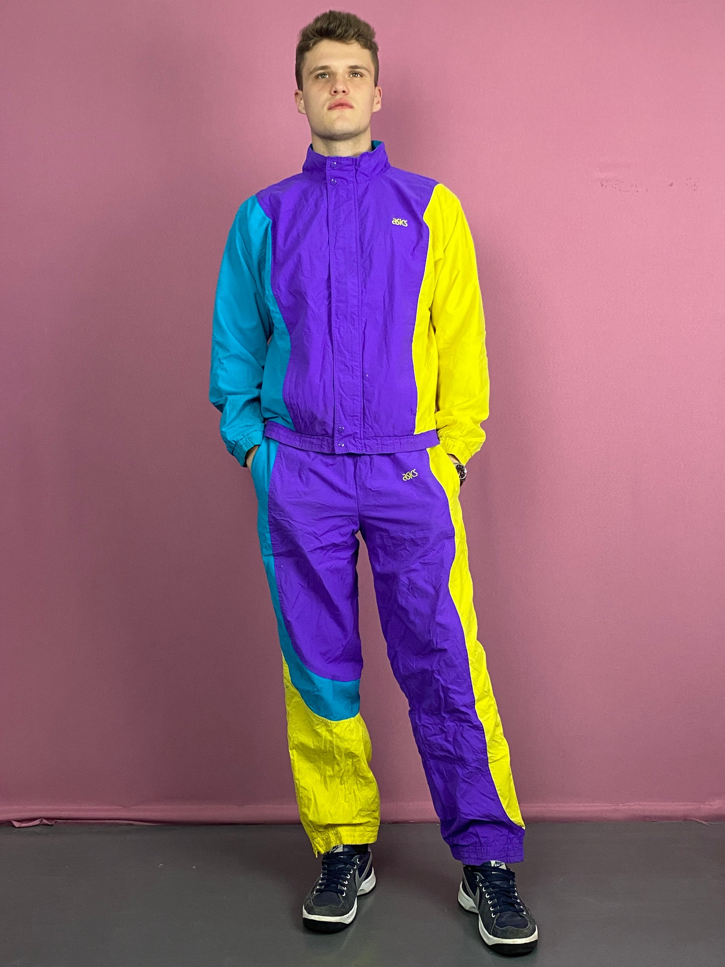 90s Asics Vintage Men's Tracksuit Set - Medium Purple & Multicolor Nylon