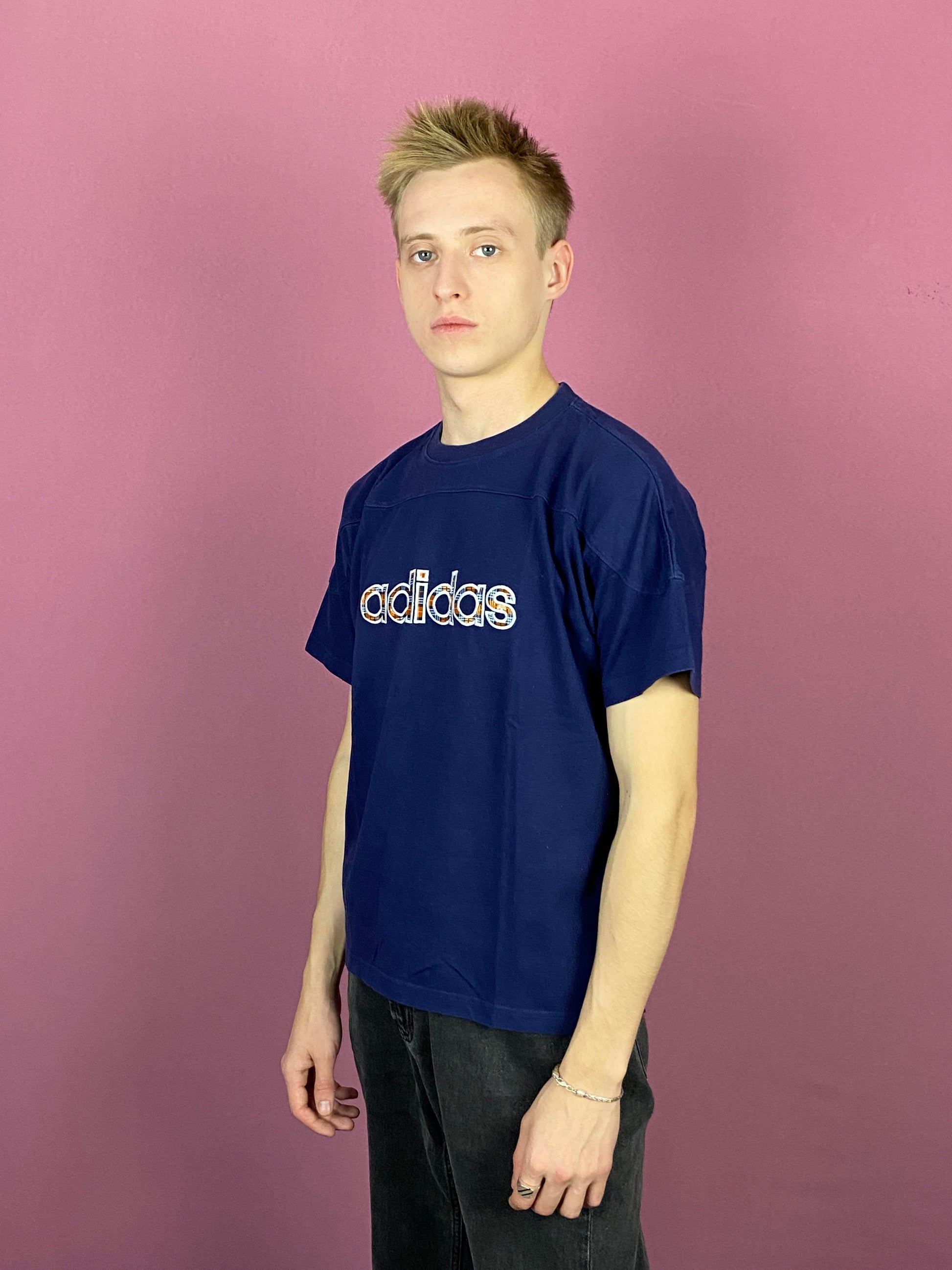 90s Adidas Vintage Men's T-Shirt - Medium Navy Blue Cotton Blend