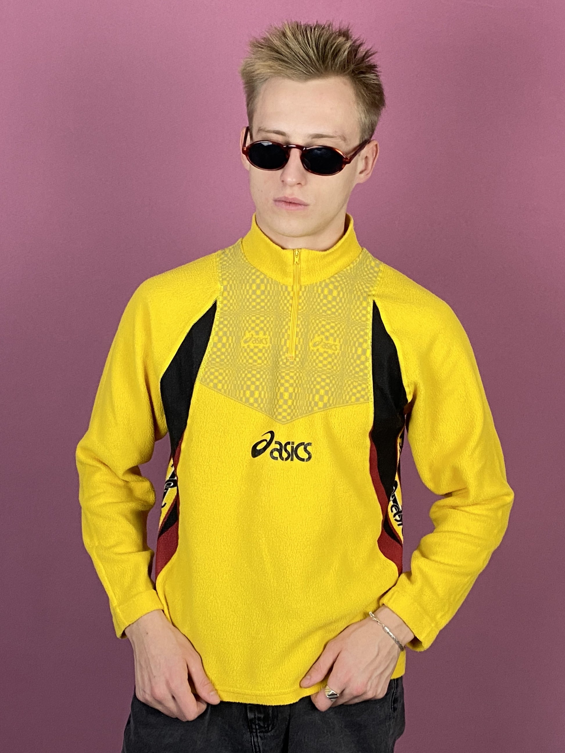 90s Asics Vintage Men's Quarter Zip Fleece - Small Yellow Polyester
