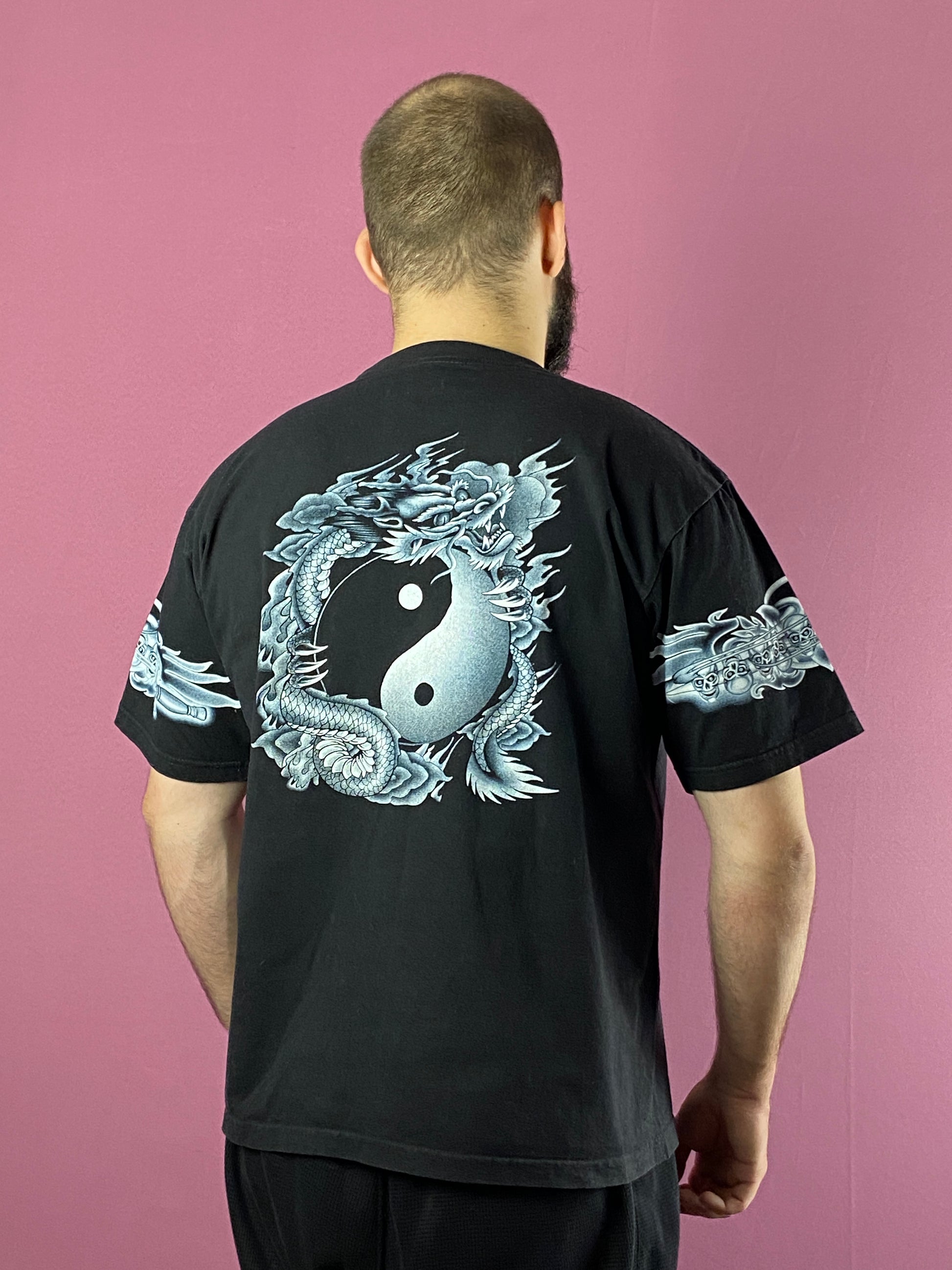 Red Rock of the T-Shirts Vintage Men's Chineese Dragon Yin-Yang T-shirt - L Black Cotton