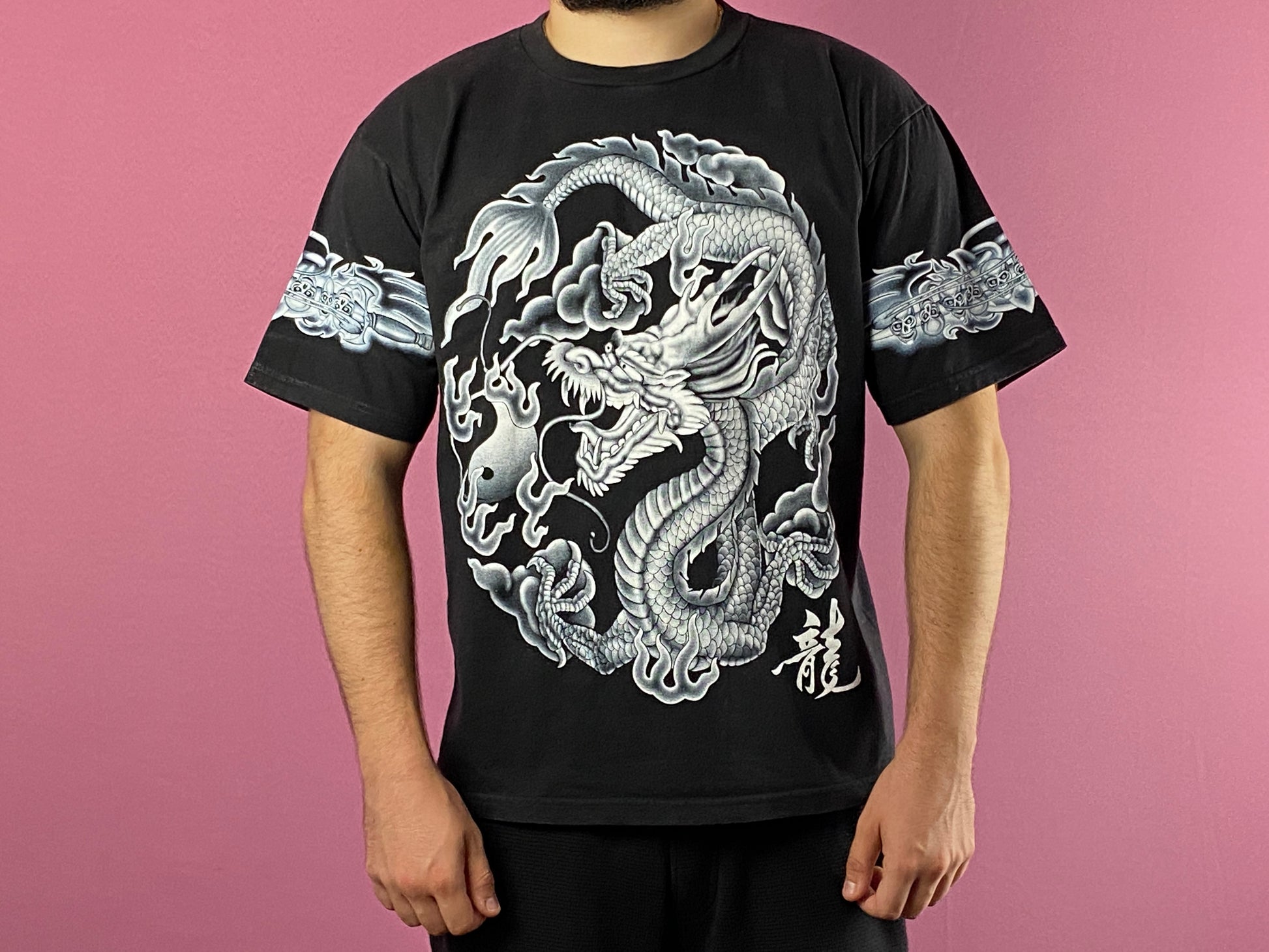 Red Rock of the T-Shirts Vintage Men's Chineese Dragon Yin-Yang T-shirt - L Black Cotton