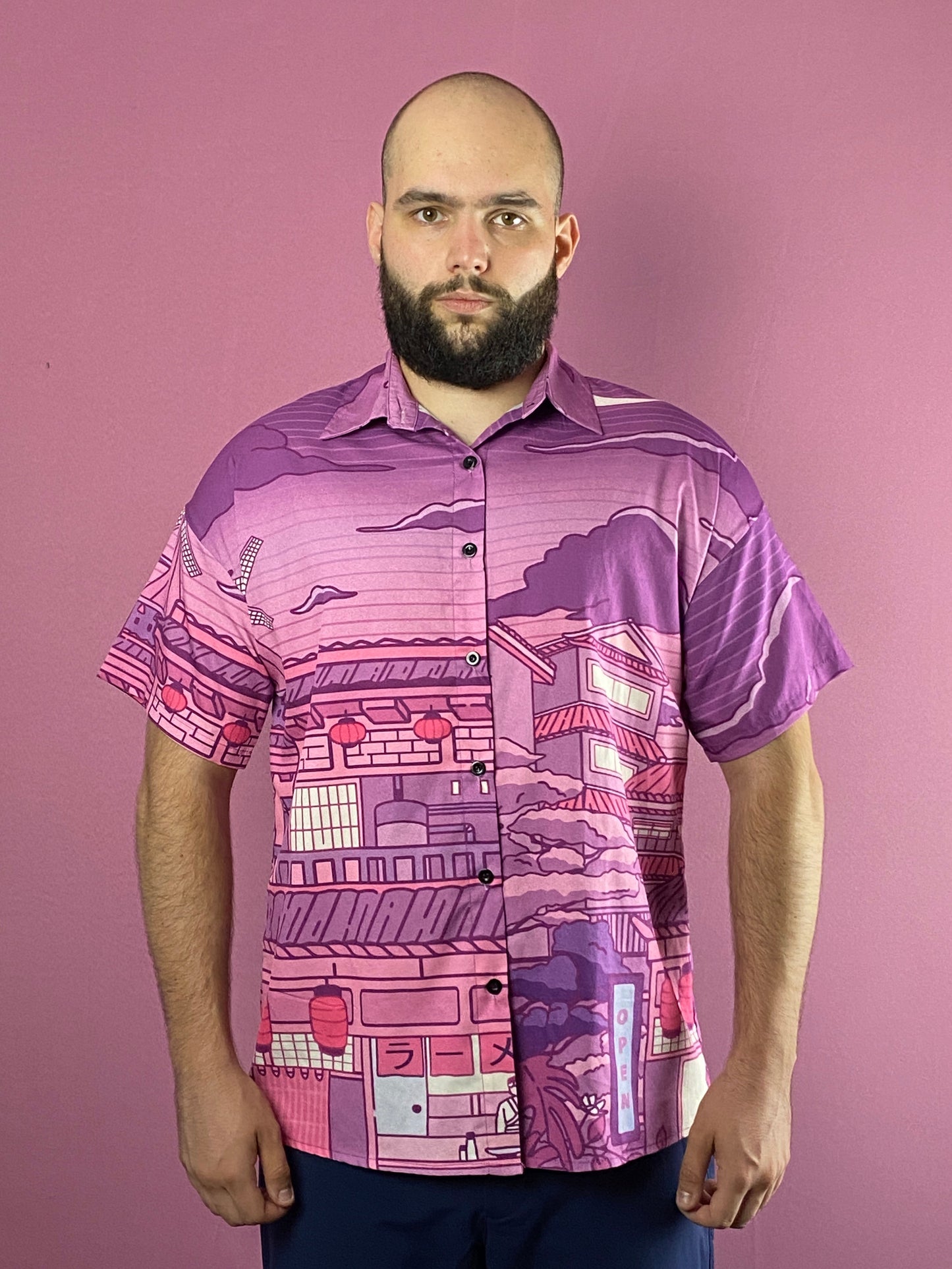 Romwe Vintage Men's Japanese Street Print Short Sleeve Shirt - S Purple & Pink Polyester