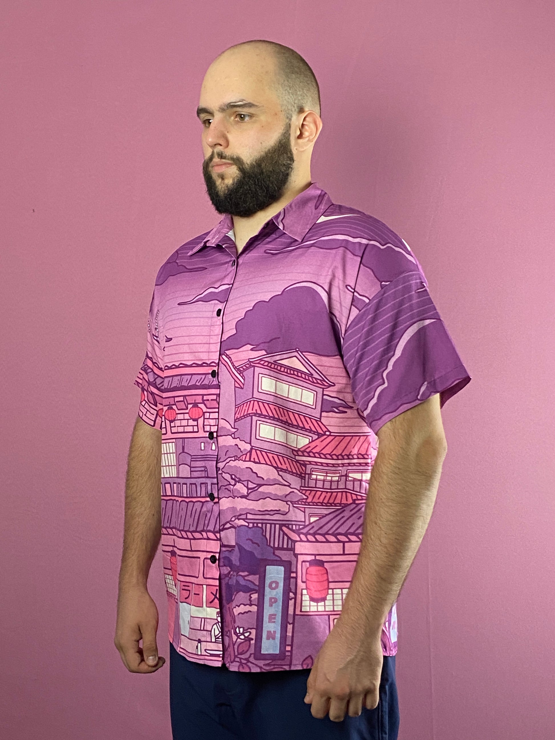 Romwe Vintage Men's Japanese Street Print Short Sleeve Shirt - S Purple & Pink Polyester