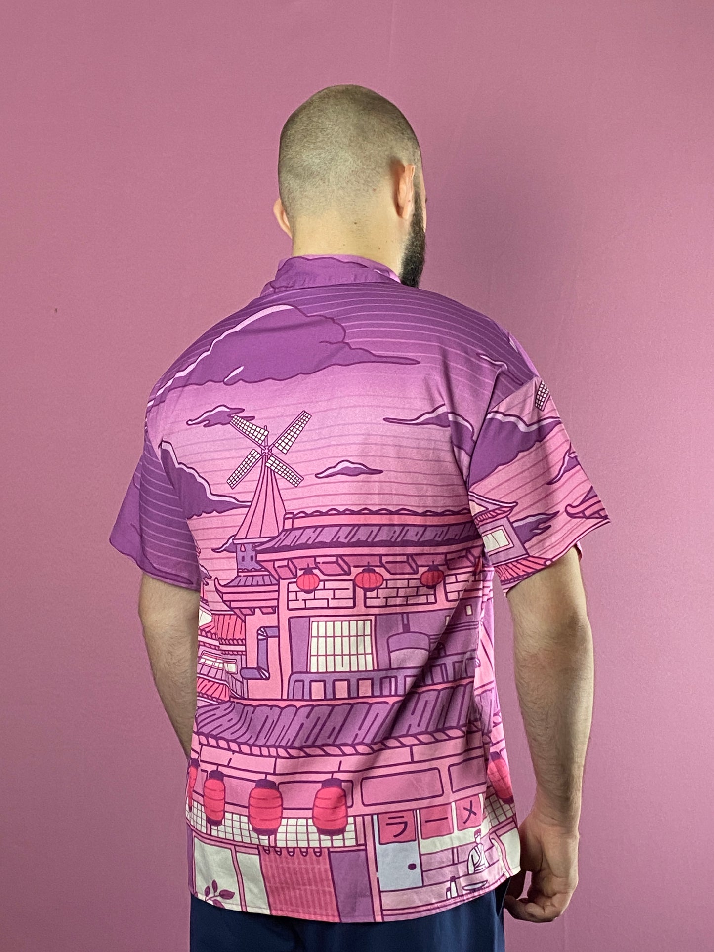 Romwe Vintage Men's Japanese Street Print Short Sleeve Shirt - S Purple & Pink Polyester