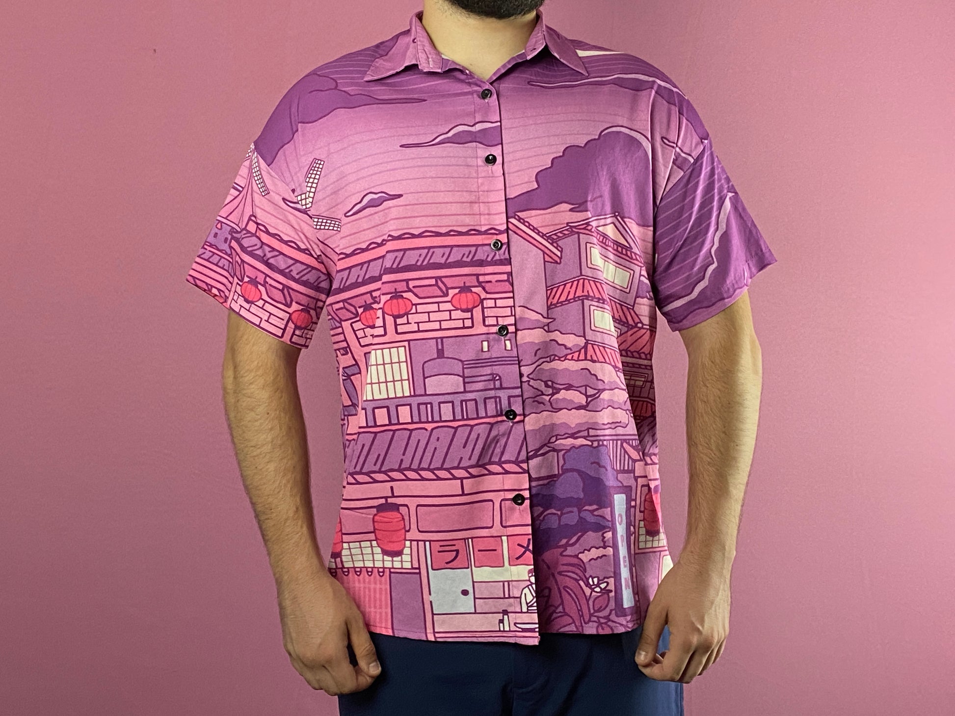 Romwe Vintage Men's Japanese Street Print Short Sleeve Shirt - S Purple & Pink Polyester