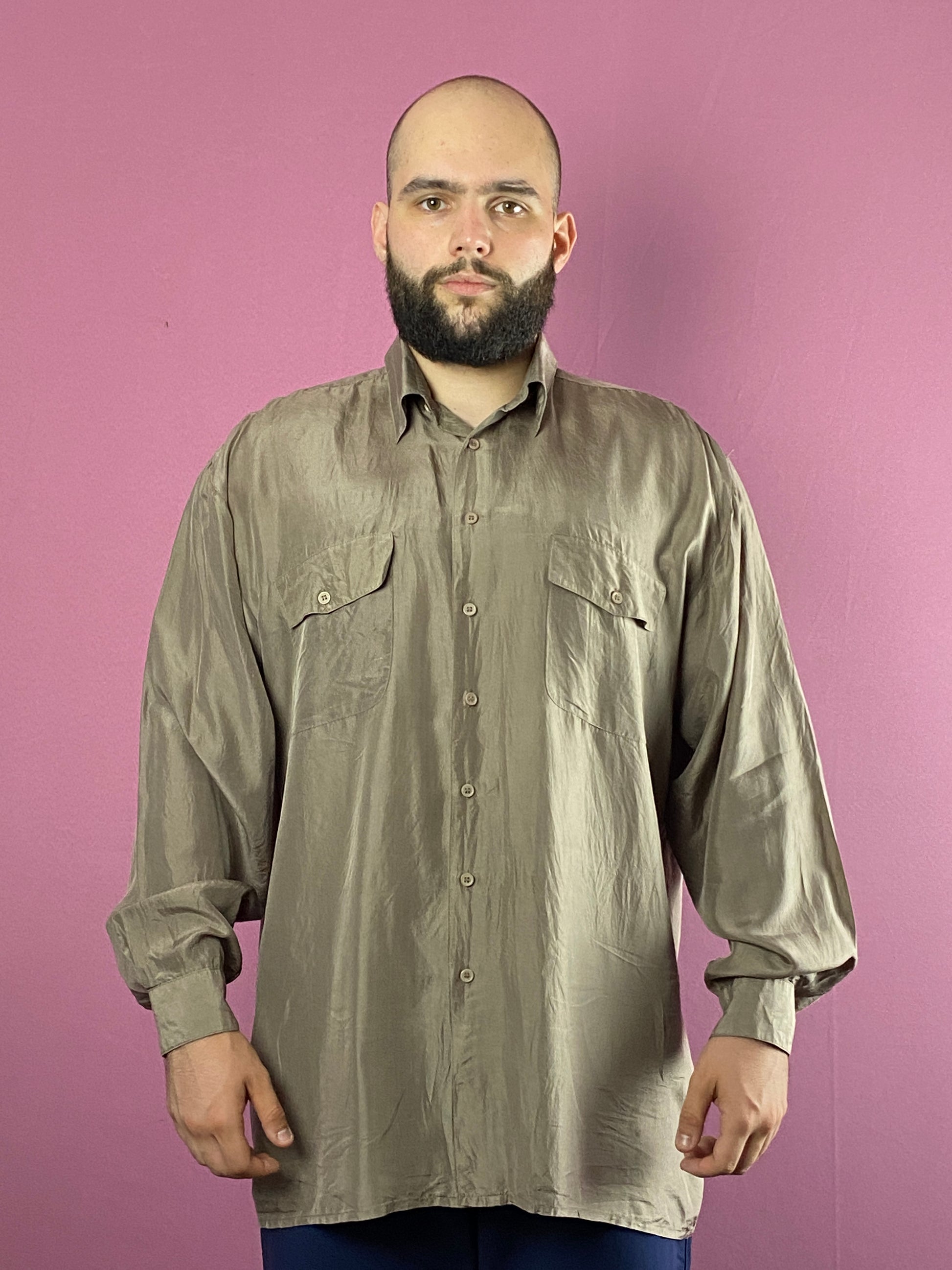 90s Vintage Men's Shirt - M Brown Silk