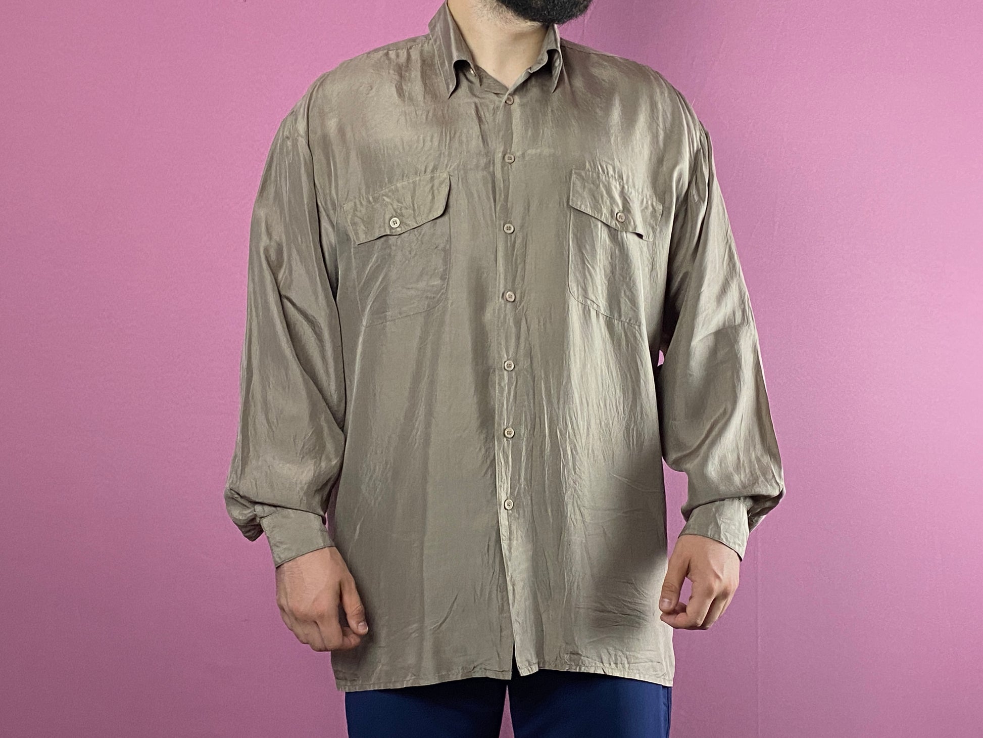 90s Vintage Men's Shirt - M Brown Silk