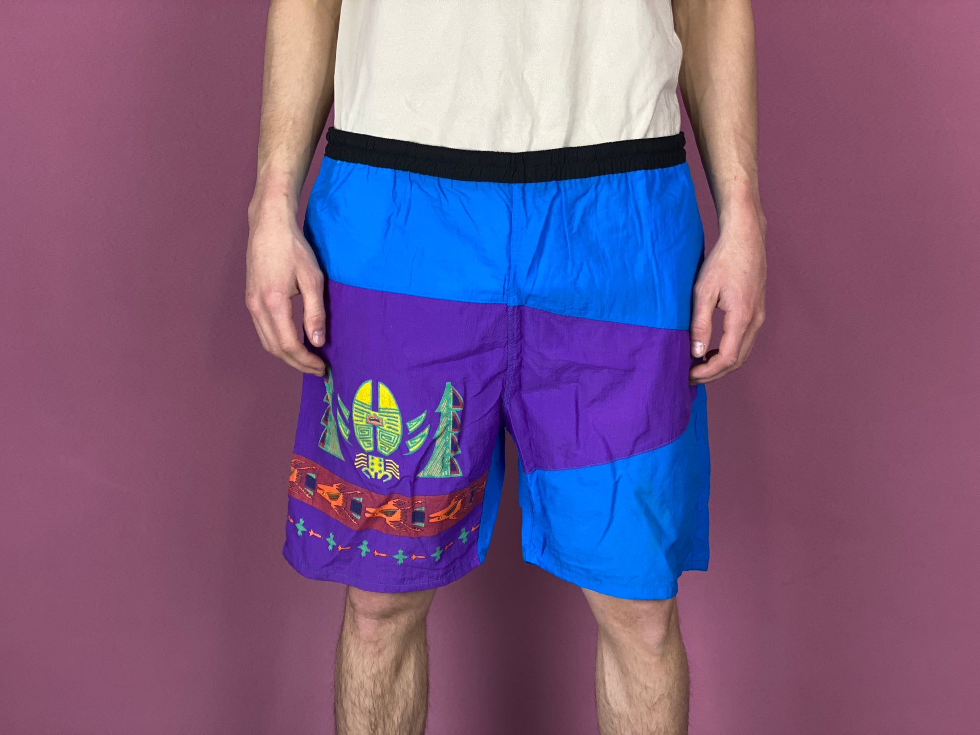 90s Vintage Men's Board Shorts - M Blue and Purple Nylon