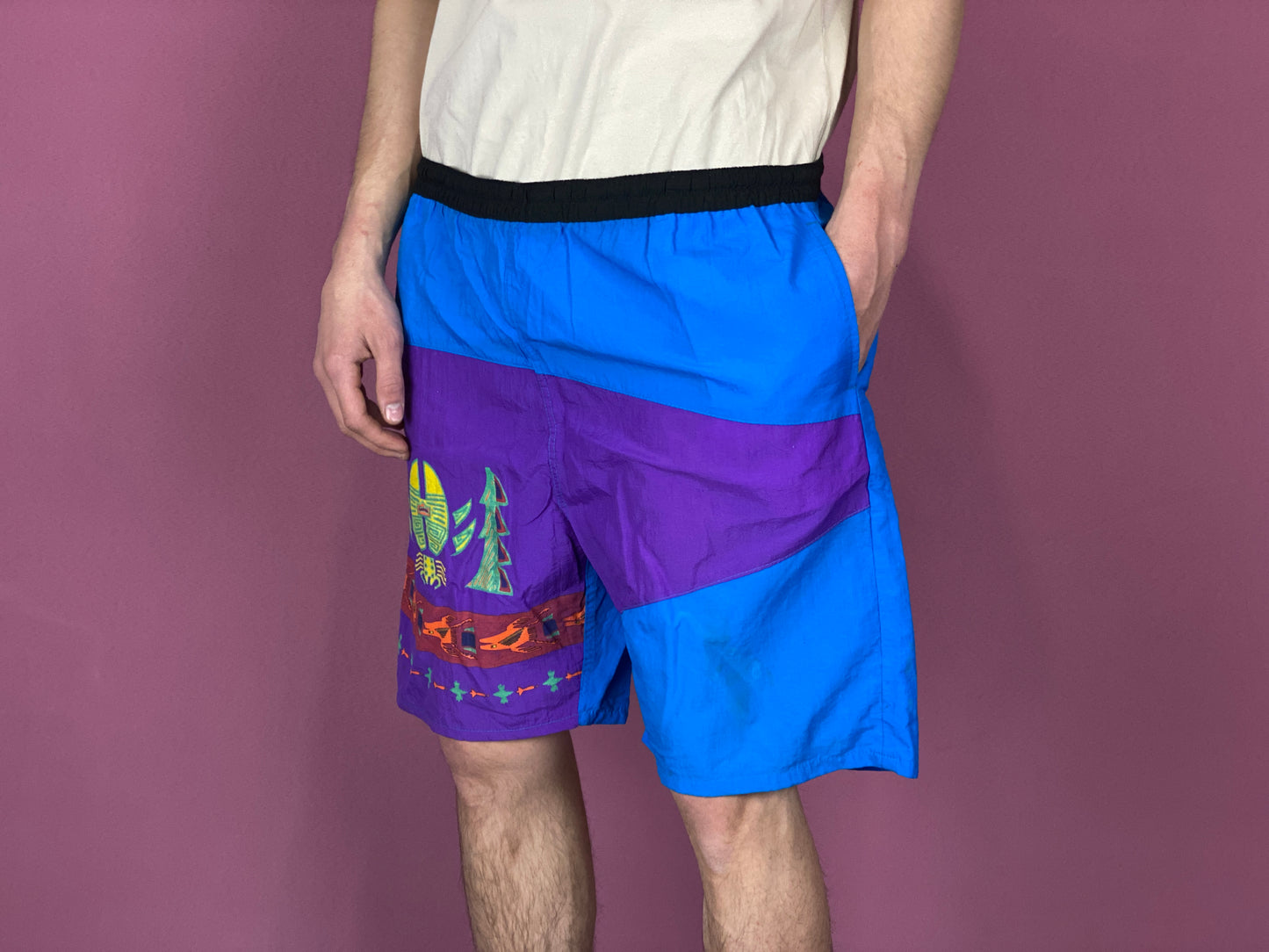 90s Vintage Men's Board Shorts - M Blue and Purple Nylon