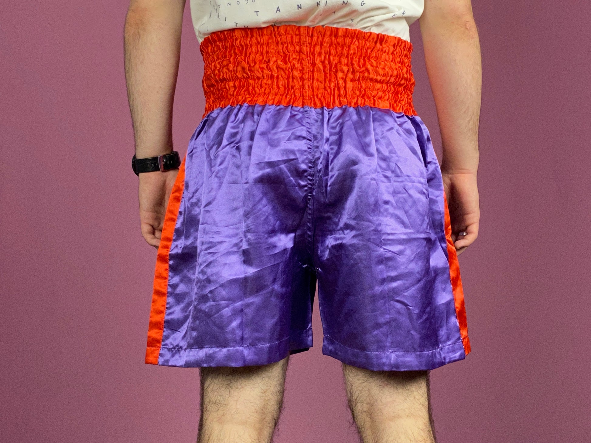 90s Vintage Men's Muay Thai Shorts - XXL Purple & Red Cotton