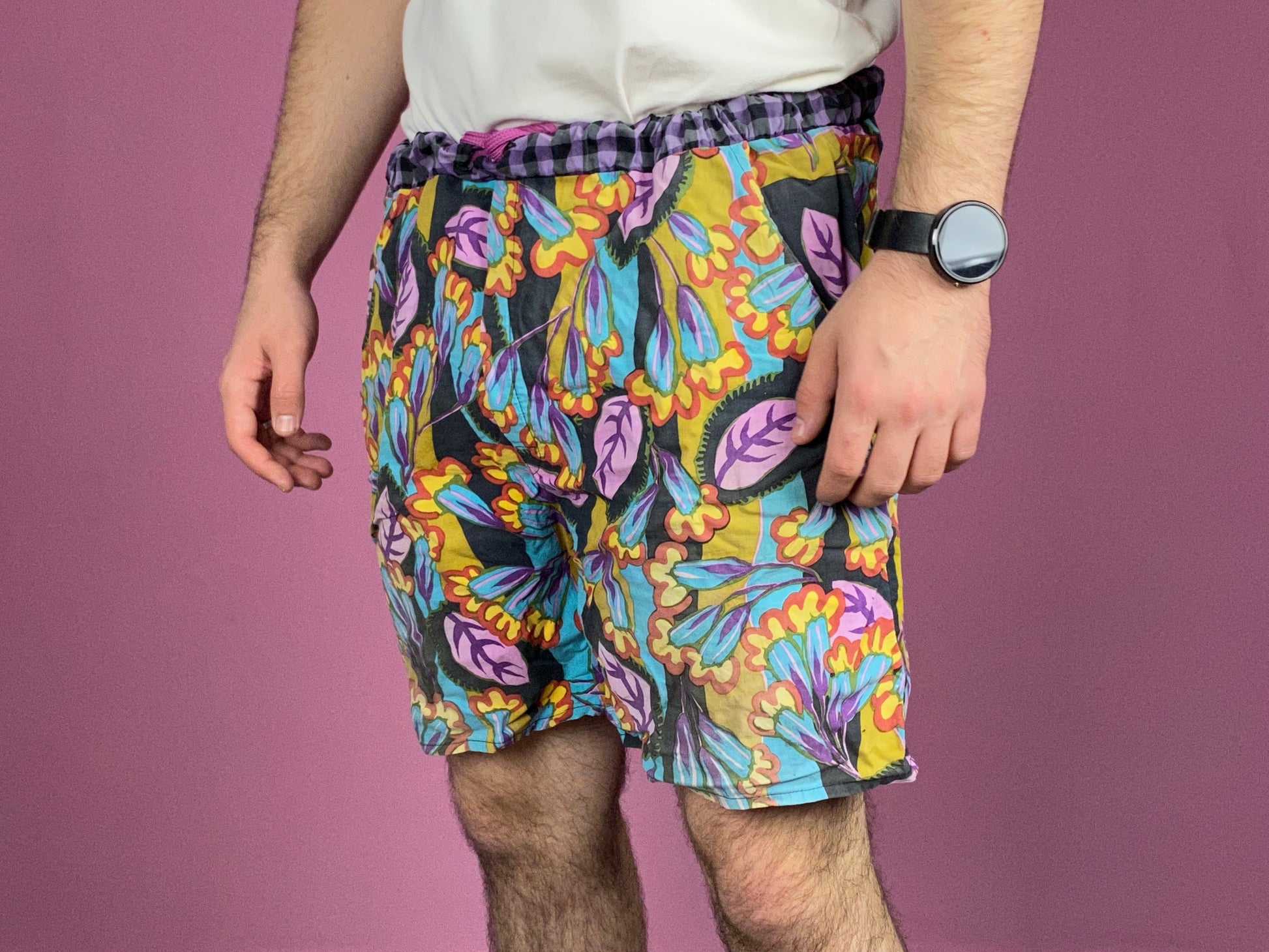 Bed Label Vintage Men's Swim Floral Shorts - Large Purple & Yellow Cotton
