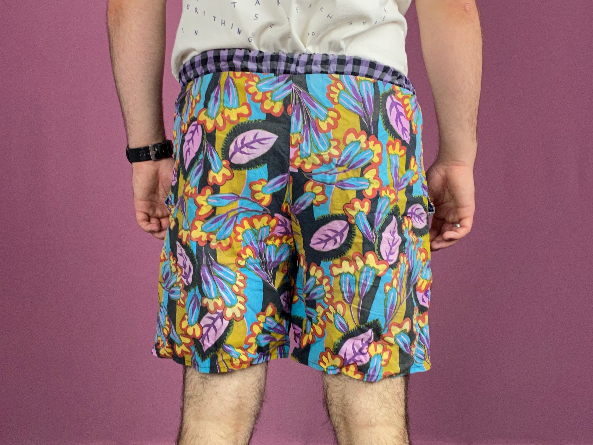 Bed Label Vintage Men's Swim Floral Shorts - Large Purple & Yellow Cotton
