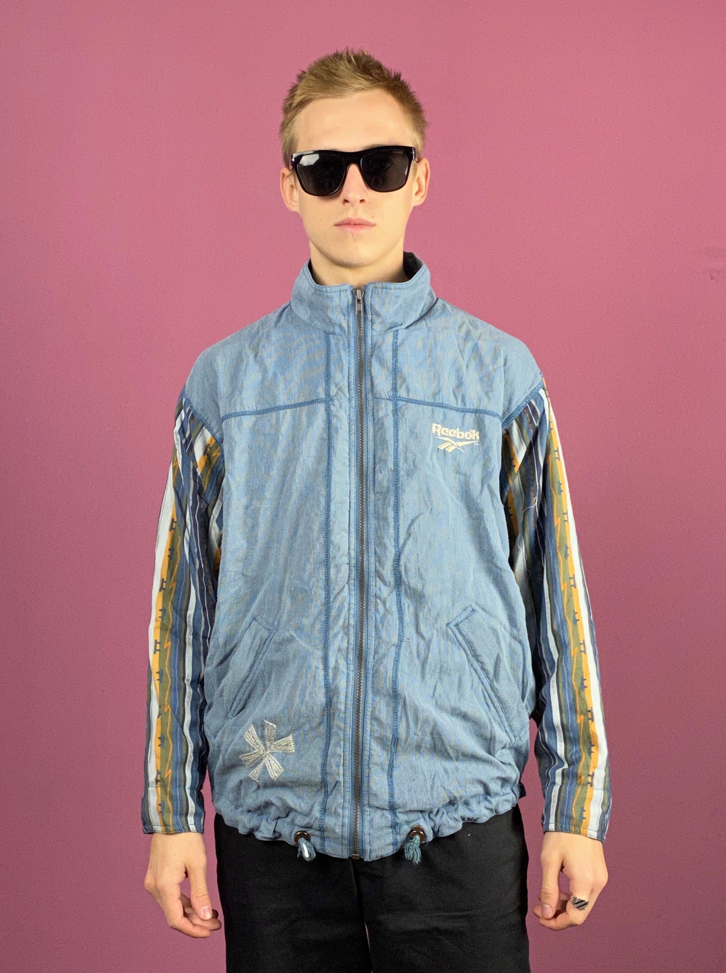 90s Reebok Vintage Men's Track Jacket - Medium Blue Nylon Blend