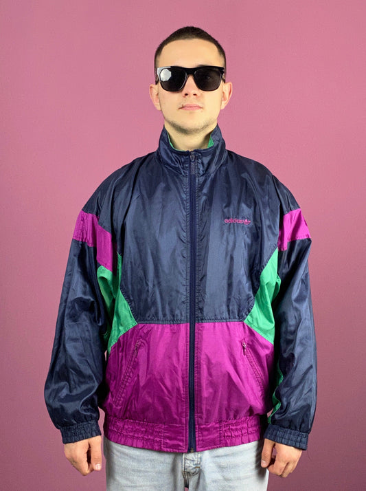 90s Adidas Vintage Men's Windbreaker Jacket - Medium Black & Purple Nylon