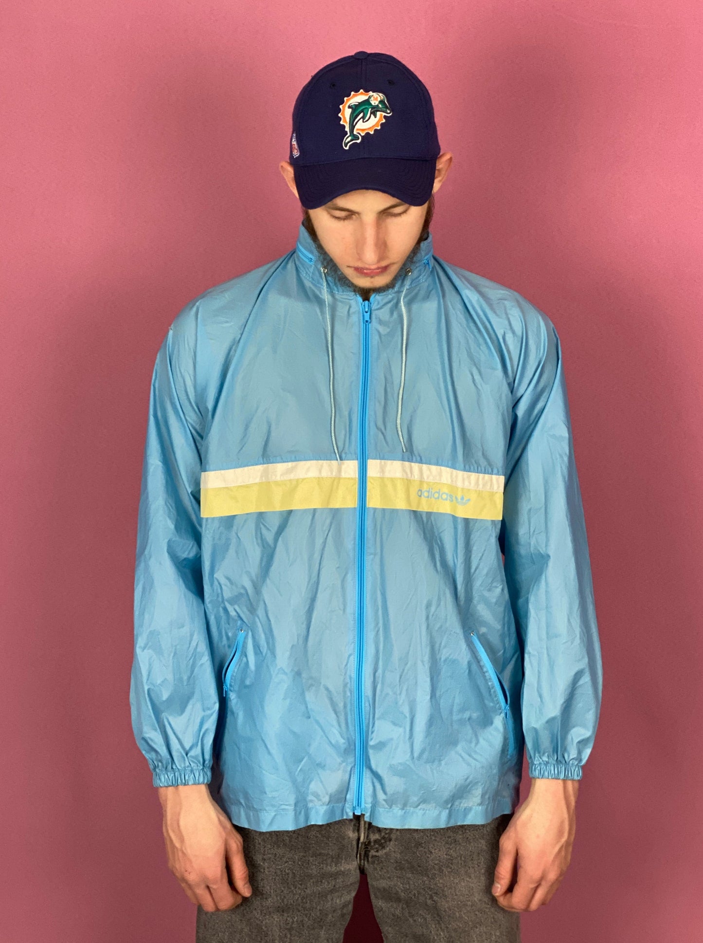 90s Adidas Vintage Men's Rain Jacket - Medium Blue Nylon